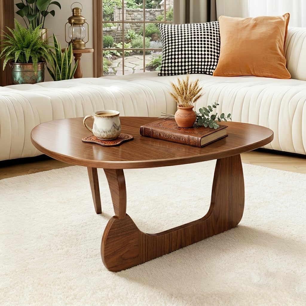 Solid Wood Coffee Table, Mid-Century Modern Triangle Center Table for Living Room, Triangular Wood Tea Table, Fingerprint-Free & Shatterproof, Walnut, 43.3" L x 30.7" W x 16.5" H