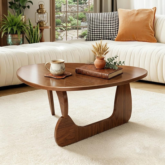 Solid Wood Coffee Table, Mid-Century Modern Triangle Center Table for Living Room, Triangular Wood Tea Table, Fingerprint-Free & Shatterproof, Walnut, 43.3" L x 30.7" W x 16.5" H