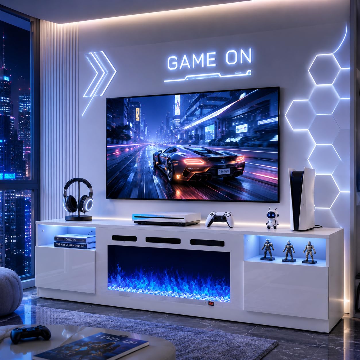 OneBlis 70" Fireplace TV Stand for TVs Up to 80",Entertainment Center with 36” Electric Fireplace and 12 Colors LED Lights,Large TV Console with Storage Cabinet for Living Room,All White
