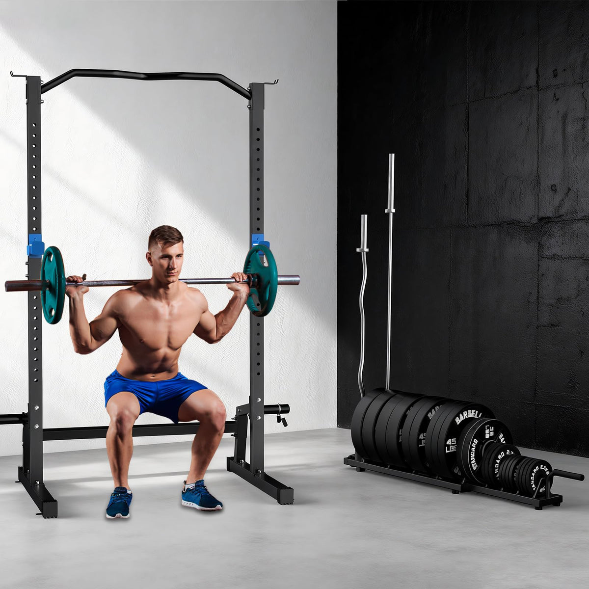 BEKING Horizontal Weight Plates Rack, Weight Rack for Weight Plates & Olympic Bars,Barbell Bumper Plate Holder with Handle and Rolling Wheels,Portable Gym Organizer with Fractional Weight Section for 1-Inch&2-Inch Plates