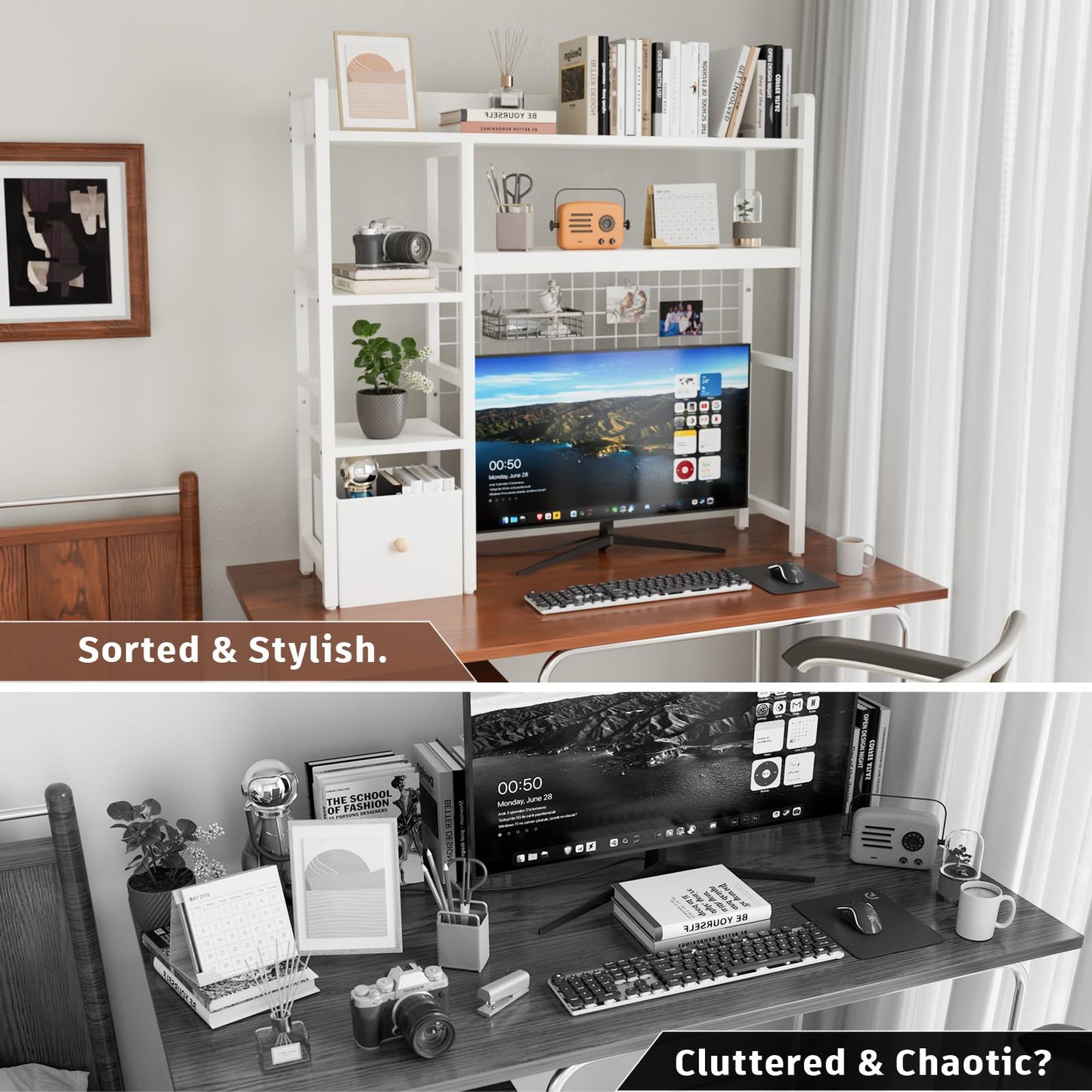 Rifoer Desk Hutch for Computer Monitor,Desktop Bookshelf Organizer,4 Tier Desk Hutch with Grid Panel,38.6" Desk Shelf Storage Rack for Home Office,Study,Dorm,White