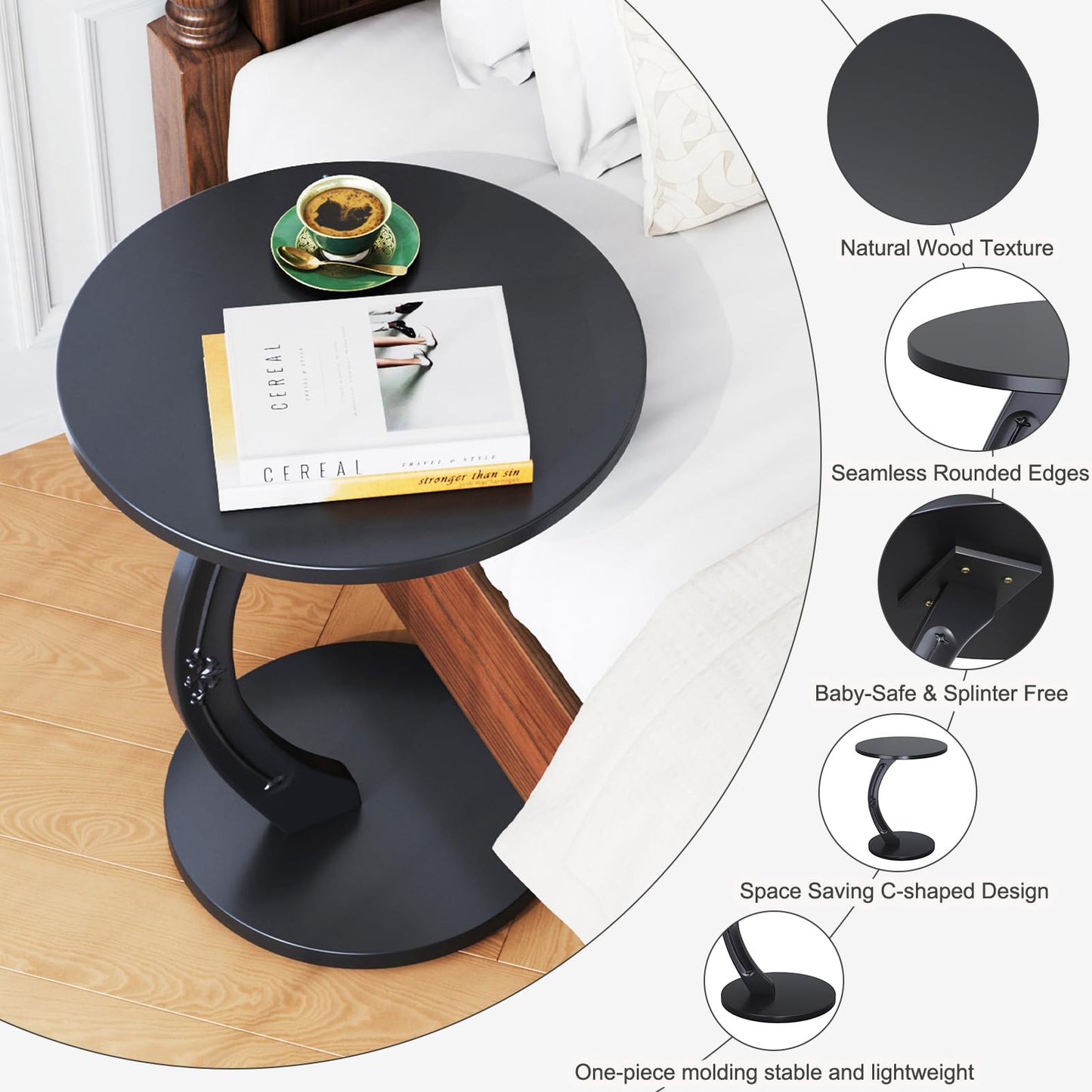 PlushVibes Round C-Shaped End Table - Small C Shaped Side Table for Couch/Sofa, Solid Wood Couch Tables that Slide Under Beside, Space Saving Tables Tray for Living Room, Bedroom, Small Space (Black)