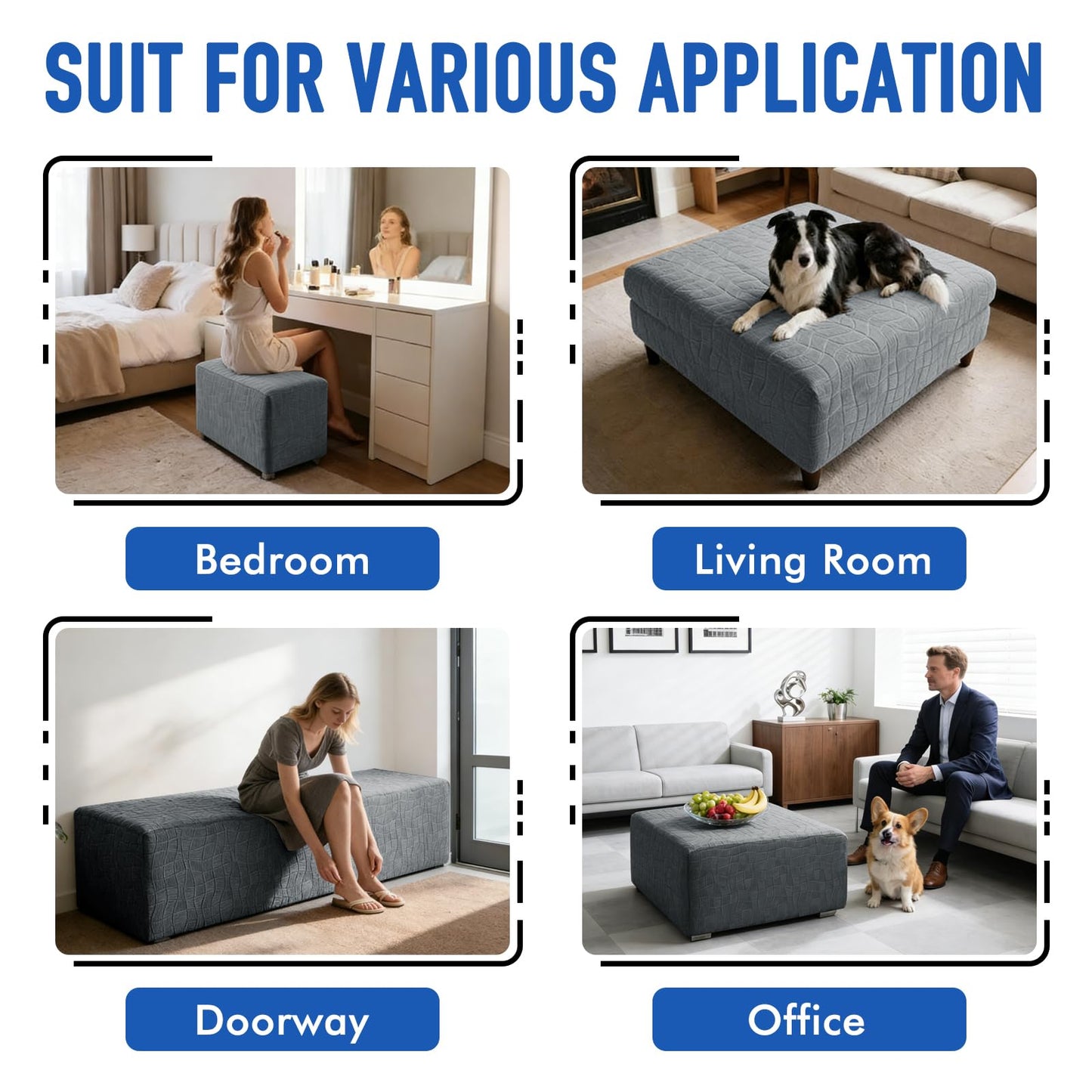 MAXIJIN Waterproof Ottoman Cover Rectangle Stretch Ottoman Slipcovers Square Thick Stool Covers Storage Footrest Furniture Protector with Non-Slip Elastic Bottom (Small, Light Gray)