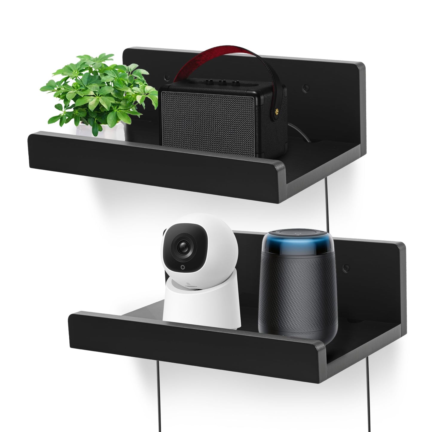 FURAOMEILI Floating Wall Shelves Set of 2, 12-Inch Solid Wood Shelves with Cable Holes, Small Display Shelf for Router, Webcam, Smart Speaker, Camera – Black