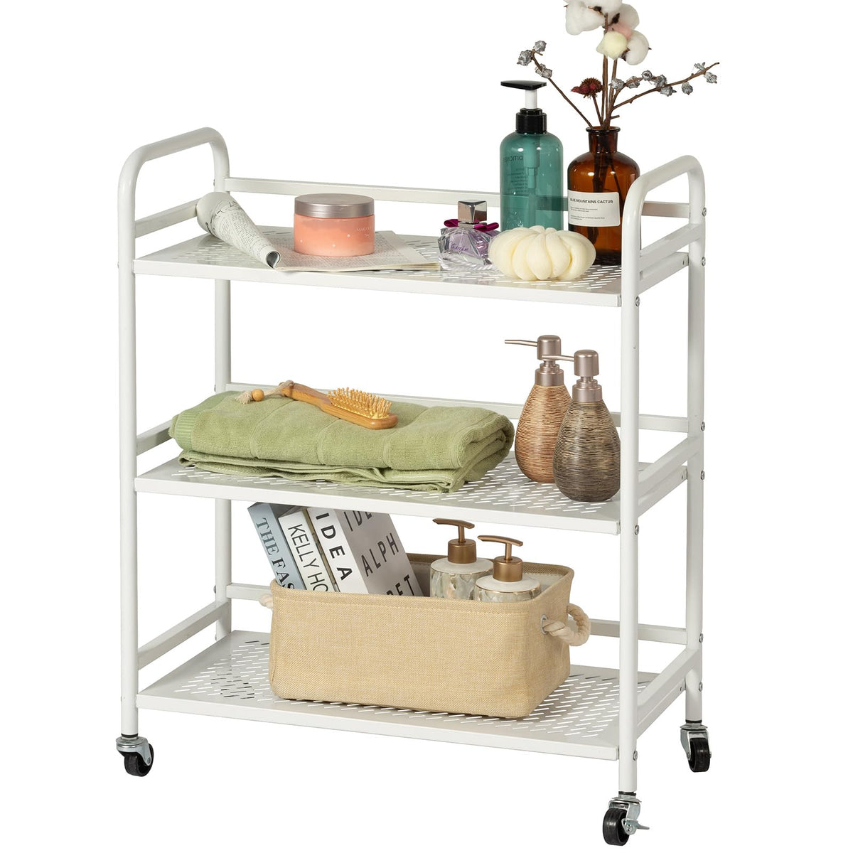 HDANI 3 Tier Metal Rolling Heavy Cart Supports 40 Lbs Per Tier,Mesh Rolling Cart with 2 Lockable Wheels for Office,Home,Bedroom,Kitchen,Bathroom(White)