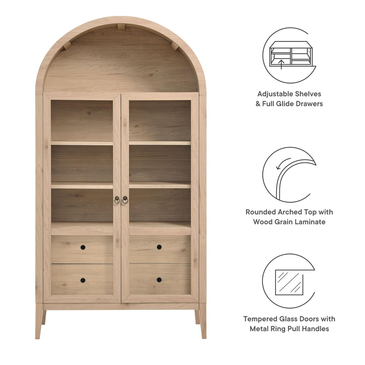 Modway Nolan Tall Arched Storage Display Cabinet in Light Oak - 74 Inch Arch Bookshelf with Glass Doors, Shelves and Drawers - Modern Accent Cabinet for Living Room, Dining Room