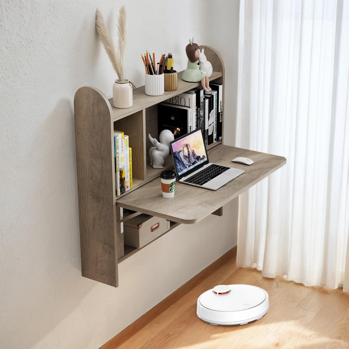 TuckTect Wall Mounted Drop-Leaf Table, Floating Laptop Desk, Folding Table with Shelves, Multifunctional Computer Workstation with Storage Compartments in Home Office for Space Saving (Rustic Oak)