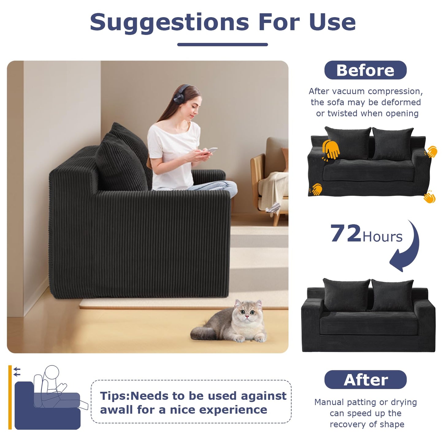 feliz home Convertible Sofa Bed, Boneless Couch Loveseat, 2 in 1 Folding Couch Bed, Fold Out Comfy Floor Futon Sofa with Pillows for Living Room Bedroom, Black