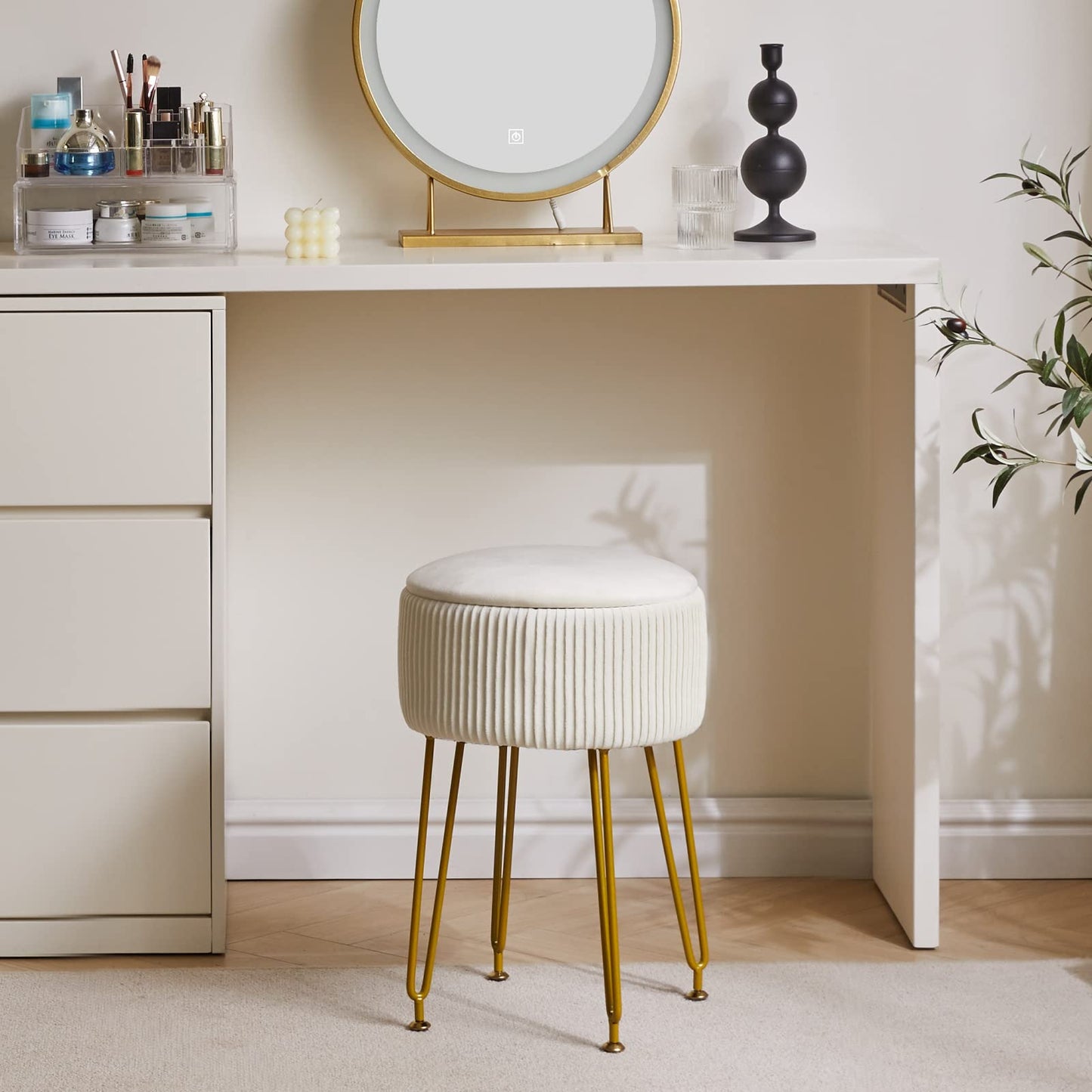 IBUYKE Velvet Storage Footrest Stool Ottoman, Makeup Vanity Stool Side Table with Golden Steel Legs Removable Cover, Coffee Table Top Cover, Creamy-White LG-20M