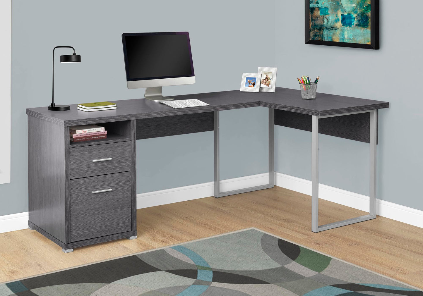 Monarch Specialties I 7257 Computer Desk, Home Office, Corner, Left, Right Set-up, Storage Drawers, 80"L, L Shape, Work, Laptop, Metal, Laminate, Grey