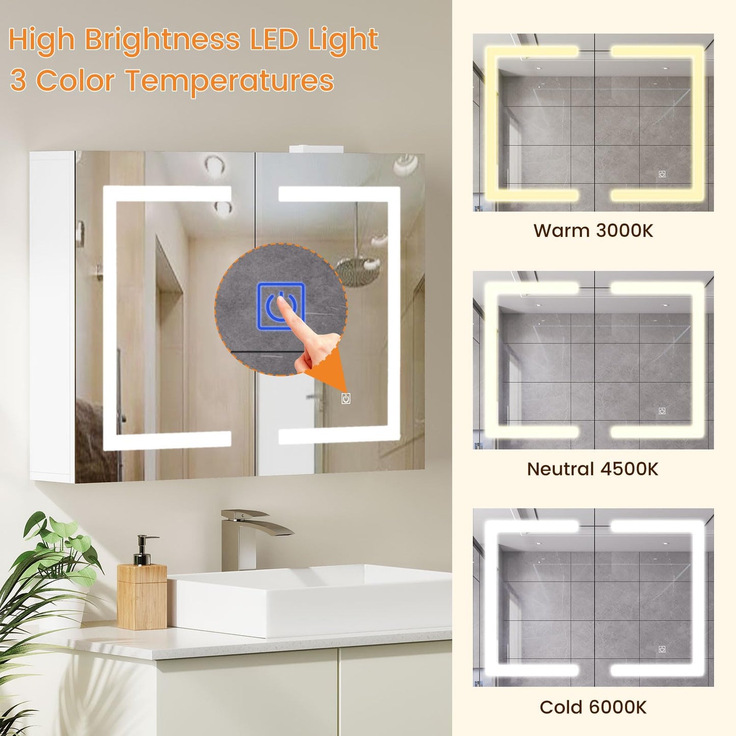 Snughome Bathroom Medicine Cabinet with Mirror & LED Lights, Wall Mount Bathroom Mirror with Storage, Built-in Power Outlets, Dimmable 3 Color Temp, Anti Rust Easy to Install, 31.5" x 23.6"