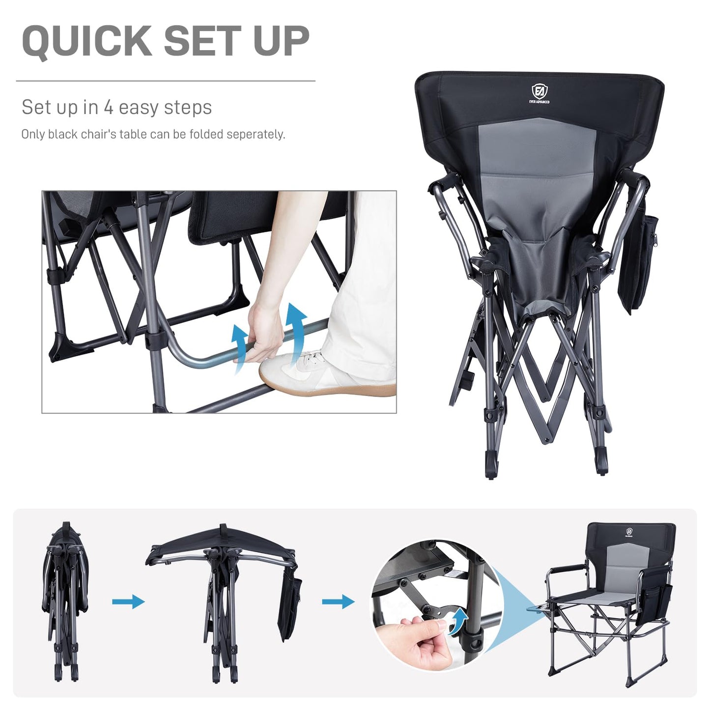 EVER ADVANCED Camping Directors' Chair with Side Table, Portable Folding with Compact Size, Heavy Duty Lawn Chair with Pocket for Camping, Lawn, Sports and Fishing, 400lbs, Black 2 Pack
