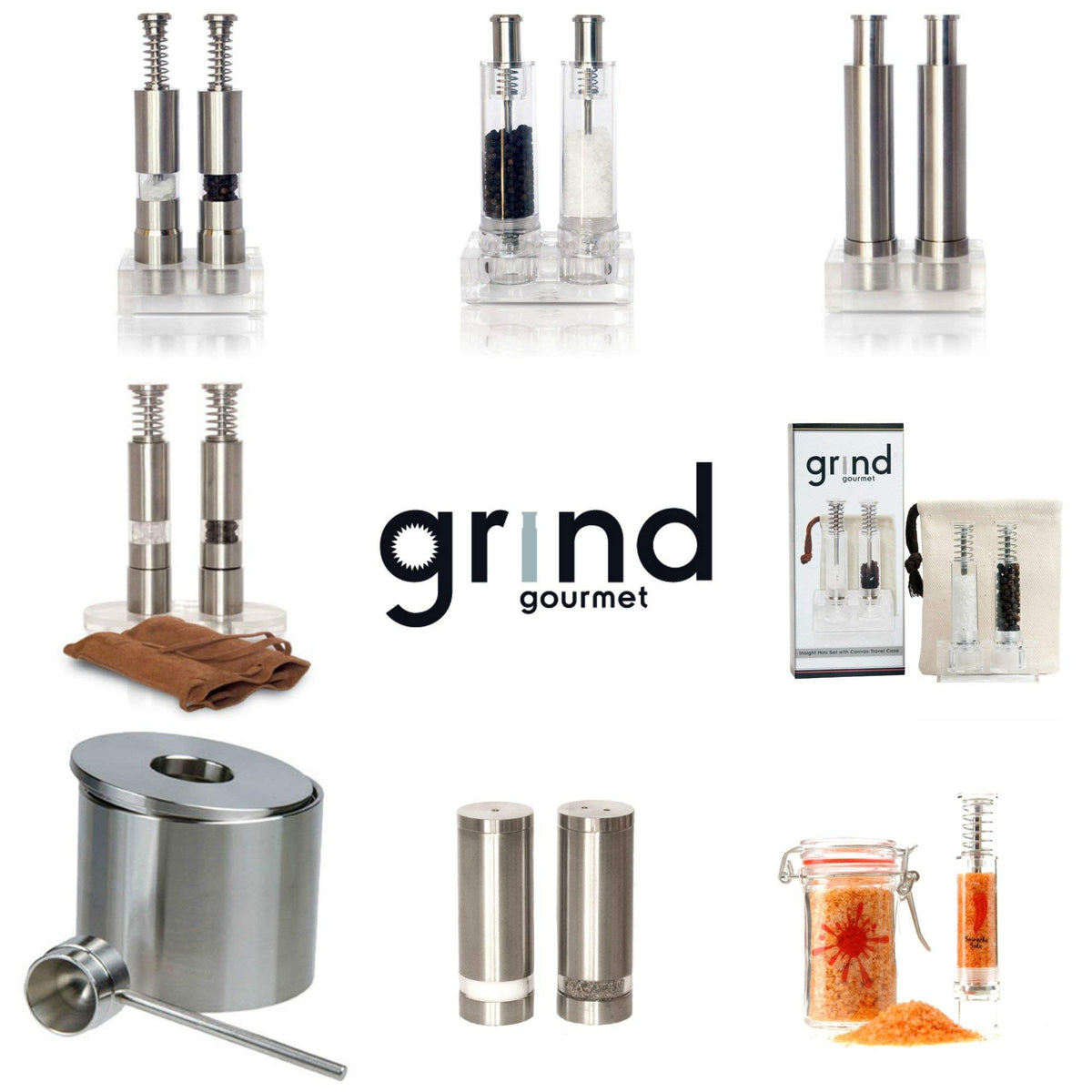 Grind Gourmet Salt and Pepper Grinder Set, Refillable, Pump & Grind, Thumb Press (Reflex Black Set)