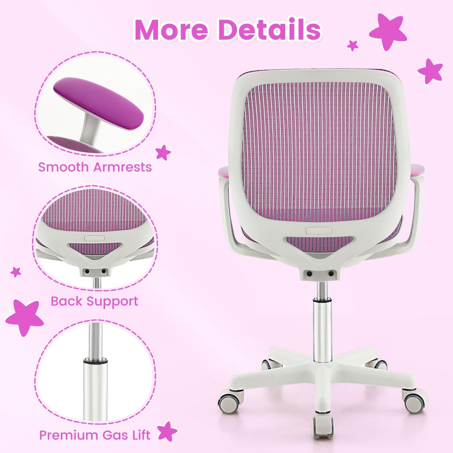 Costzon Kids Desk Chair, Height Adjustable Children Study Computer Chair with Armrests, Sit-Brake Casters, Swivel Mesh Task Chair for Boys Girls Teens Students, Kids Chair for Home, Office (Purple)