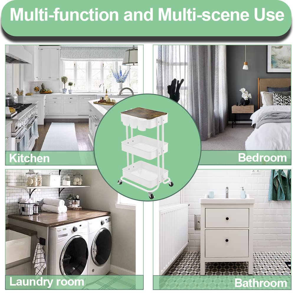 Melody House 3-Tier Metal Utility Rolling Cart Storage Side End Table with Cover Board for Office Home Kitchen Organization, Cream White