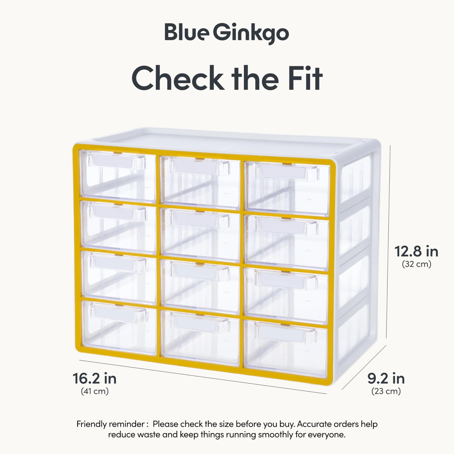 Blue Ginkgo Large 12-Drawer Cabinet – Stackable Clear Organizer for Hardware, Beads, Plastic Bricks, Office, and Craft Storage (Made in Korea, Yellow)