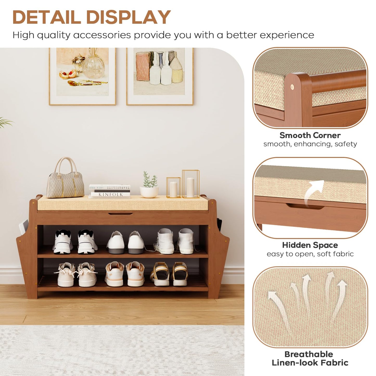 oakvivo 34.3in Shoe Bench, Bamboo 3-Tier Entryway Bench with Storage, Shoe Rack Organizer Holds Up to 330 lb, 34.3 x 11.8 x 18.9 Inches for Entryway Bedroom Closet Living Room Hallway