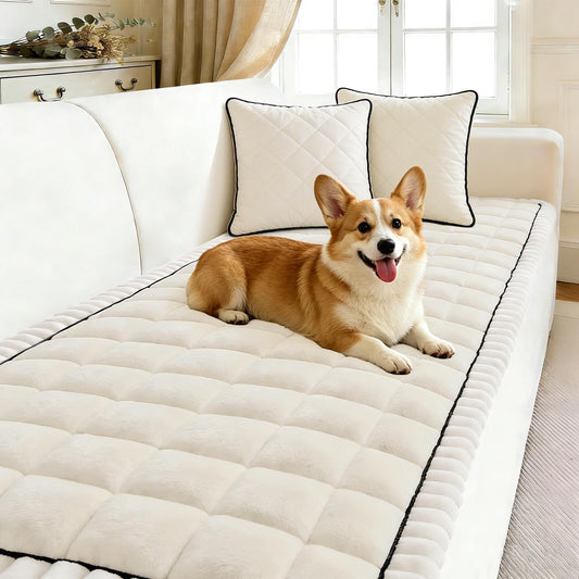 Arfntevss Pet Couch Covers for Sofa Washable Dogs Love Seat Cover for 2 Cushion Couch Plush Soft Velvet Loveseat Sofa Slipcover Anti-Slip Protector Washable (Fuzzy Grid Ivory White, 27.6" x 59")