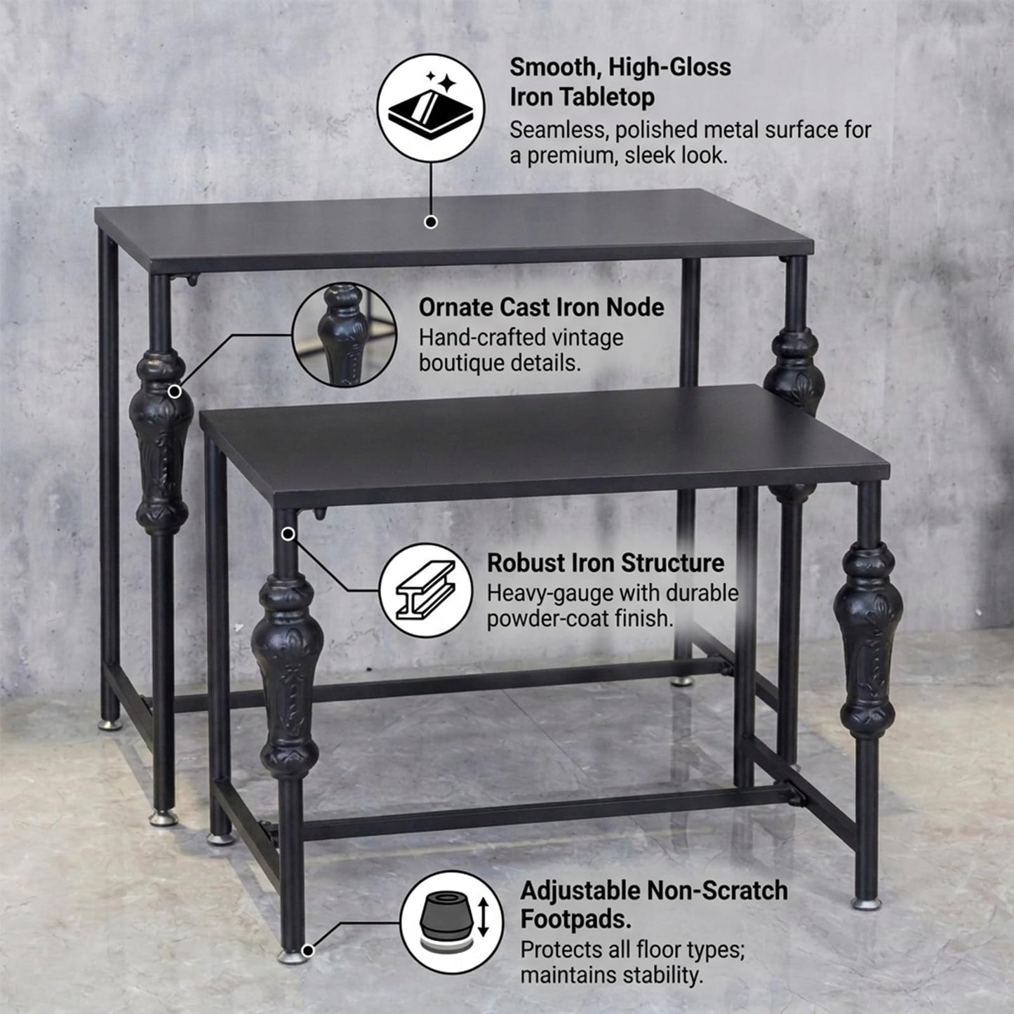 VANDNALI Industrial Retail Display Tables, Standing Clothing Shoes Display Rack, Set of 2 Boutique Display Riser, Retro Unit Storage Shelves, Garment/Handbag Display Stand