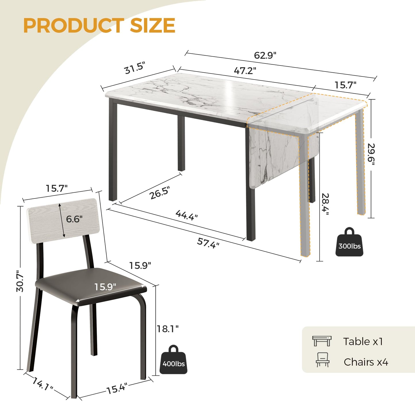 IRONCK 5-Piece 63" Extendable Dining Table with 4 Upholstered Chairs, Kitchen Table Set for 4-8 People, Dining Room Sets with MDF Wood Board, Drop Leaf Table Design for Space Saving, Marple White