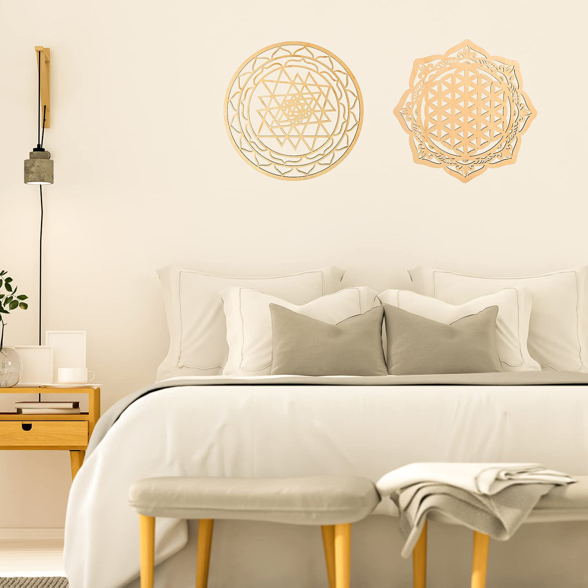 Youyole 4 Pcs 12 Inch Sacred Geometry Wood Wall Art Set Crystal Grid Board Zen Metatron Cube Sri Yantra Flower of Life Mandala Flower of Life Zen Wooden Wall Hanging Decor for Home Room
