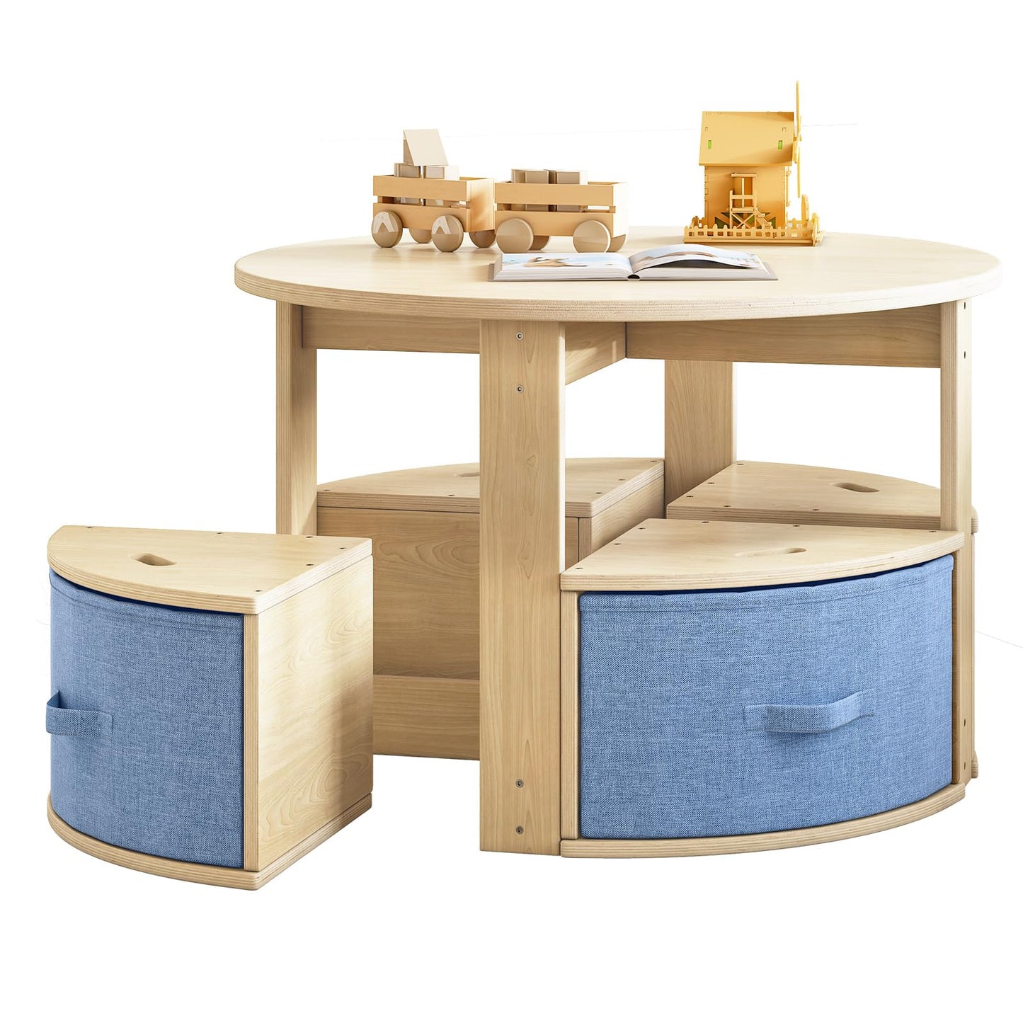 EXPERLAM Round Kids Table and 4 Chairs Set, Toddler Activity Table with Storage Bins Under Each Stool, Wooden Kids Table for Play, Art, Reading and Snacks, Space-Saving Children Furniture, Burlywood