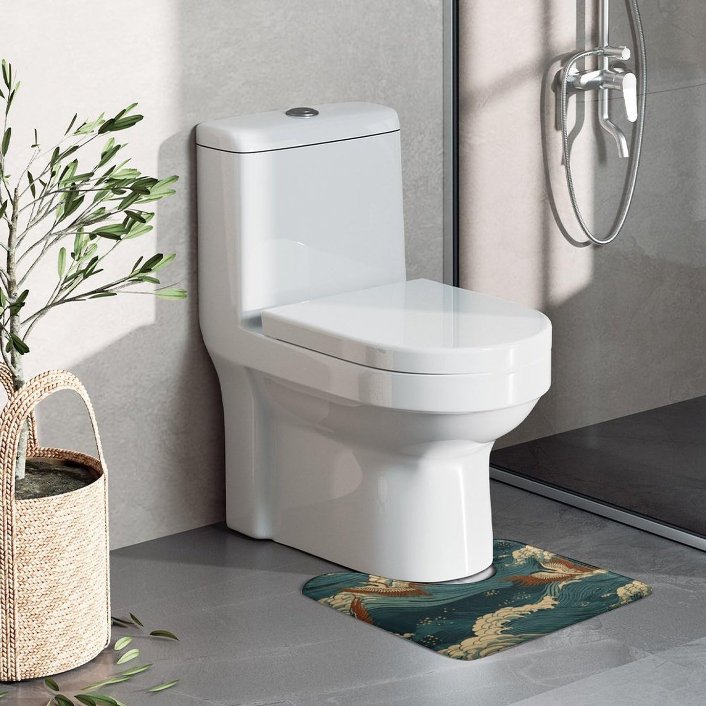 VstaDank Japan Wave Wallpapers Toilet Rug U-Shaped Toilet Bath Mat Extra Soft Absorbent Contour Bathroom Rug Plush Ultra Thin Toilet Mat Non-Slip Bath Mat for Guest Room Bathroom 16x20