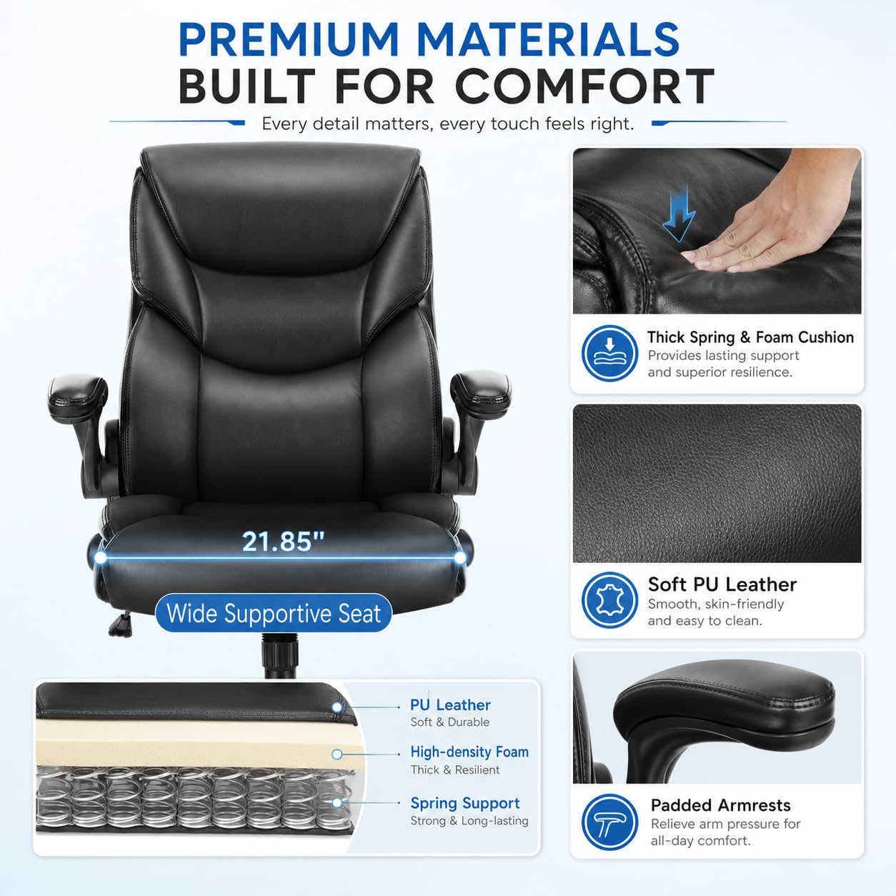 Ergonomic PU Leather Office Chair - Executive Computer Desk Chair with Lumbar Support & Wide Seat, Adjustable Height Task Chair with 360° Swivel & Quiet Wheels for Home Office, Gaming, Black