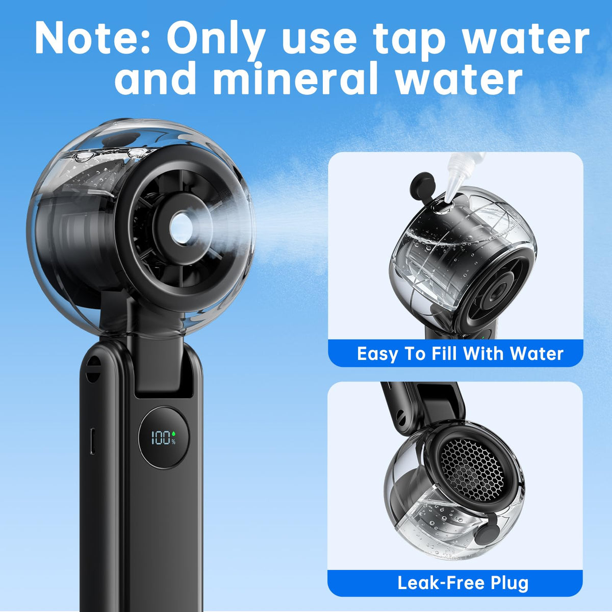 Rrtizan Handheld Misting Fan Portable - Small Personal Mister Fan Blow Cold Air,USB Rechargeable,Water Spray Cooling for Summer Outdoor Travel Beach Lash Makeup,Gifts for Women (Black)