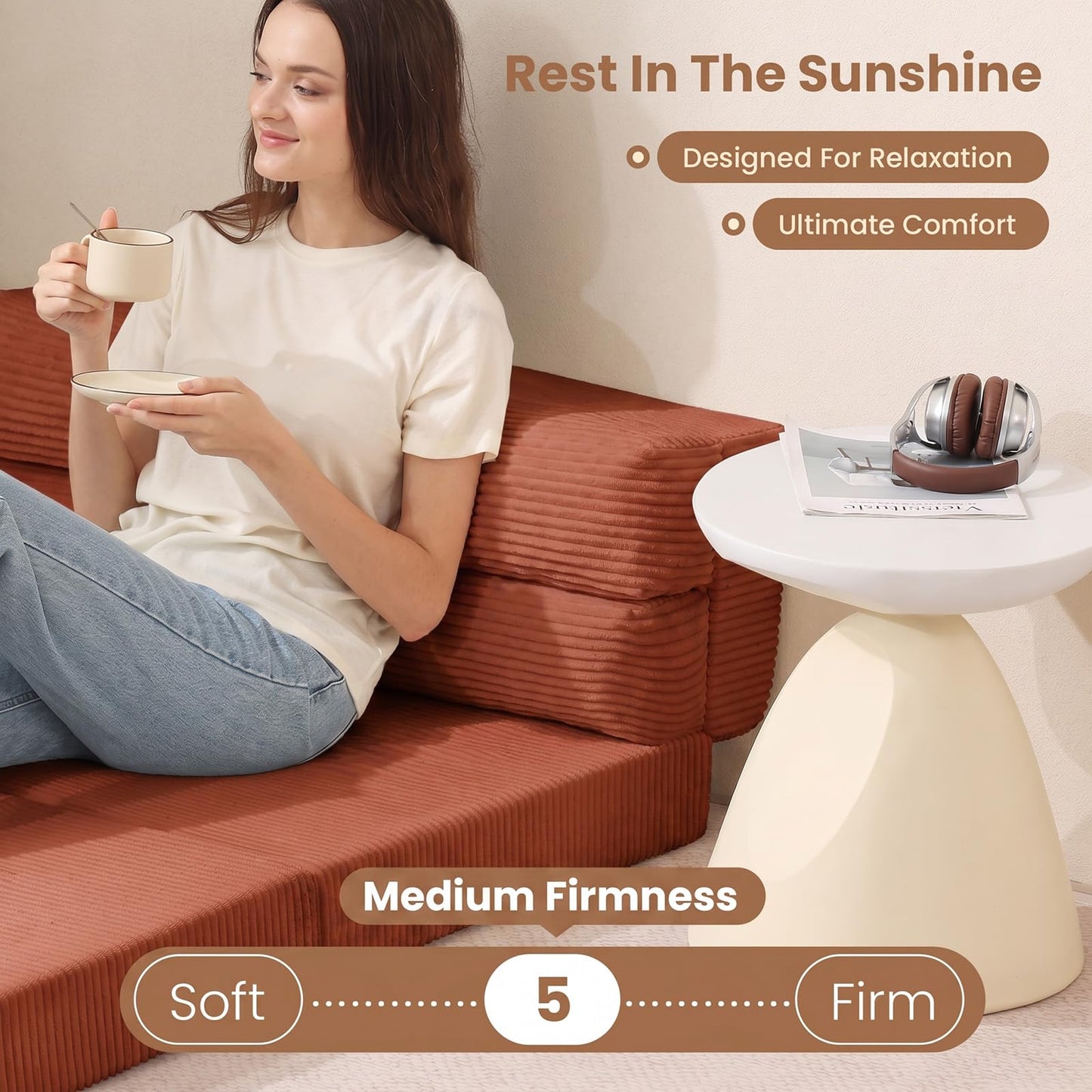 JUIKURY Folding Sofa Bed, Convertible Sleeper Chair with Pilow Foldable Matress, 2 in 1 Pull Out Loveseat Sofa Portable Fold Out Chair Bed Floor Couch Lounge for Living Room (Sand Red, Full)