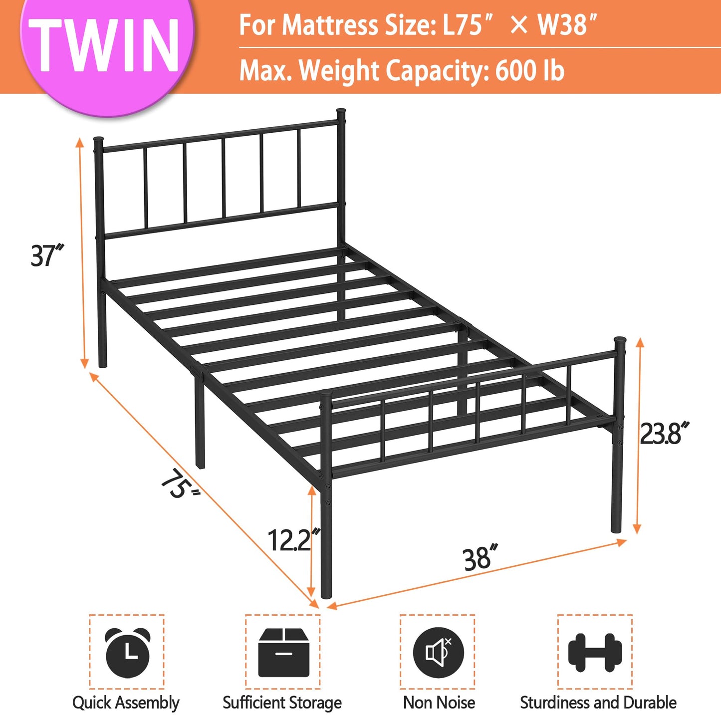 DIIYIV Twin Metal Bed Frame,Steel Slat Support,Noise Free,Easy Assembly