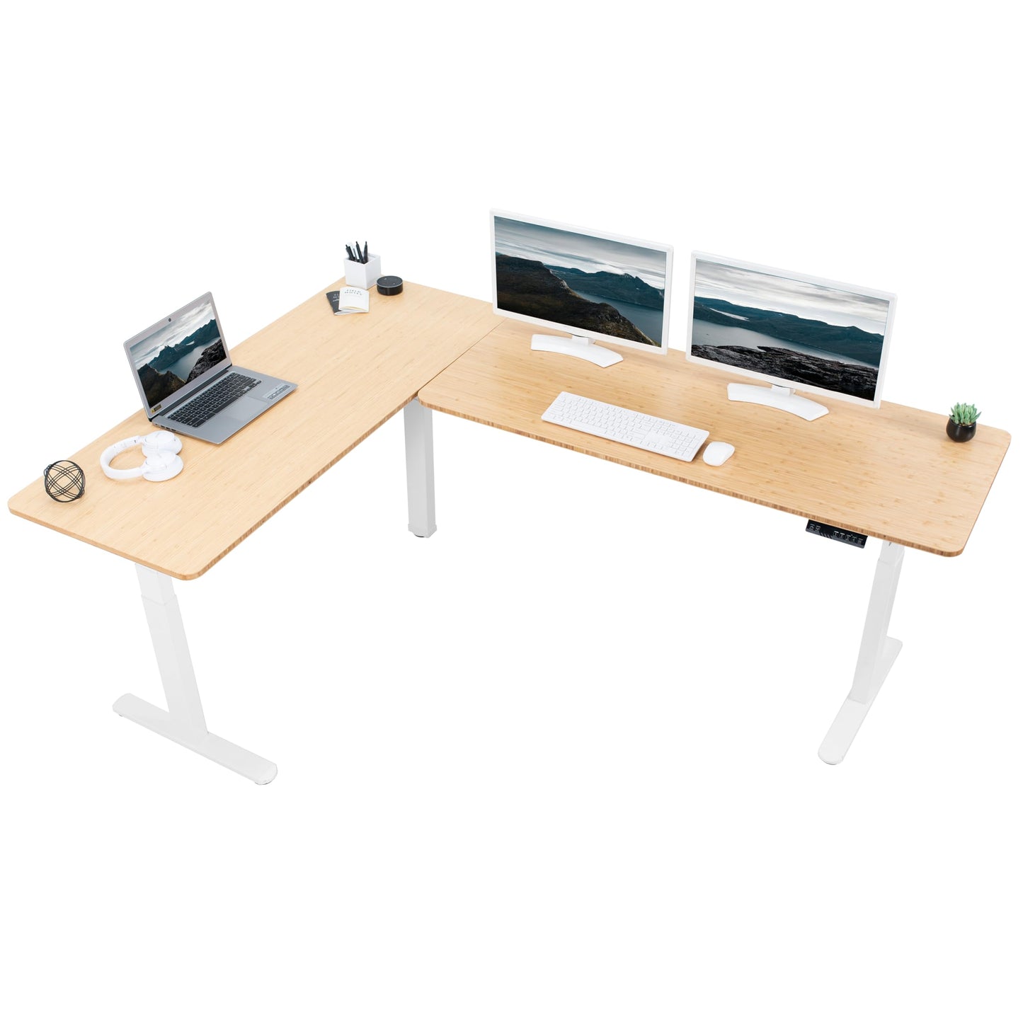 VIVO Electric Height Adjustable 83 x 60 inch Corner Stand Up Desk, 2 Solid Bamboo Table Tops, White Frame, Memory Controller, L-Shaped Workstation, 3E Series, DESK-KIT-3E8WO