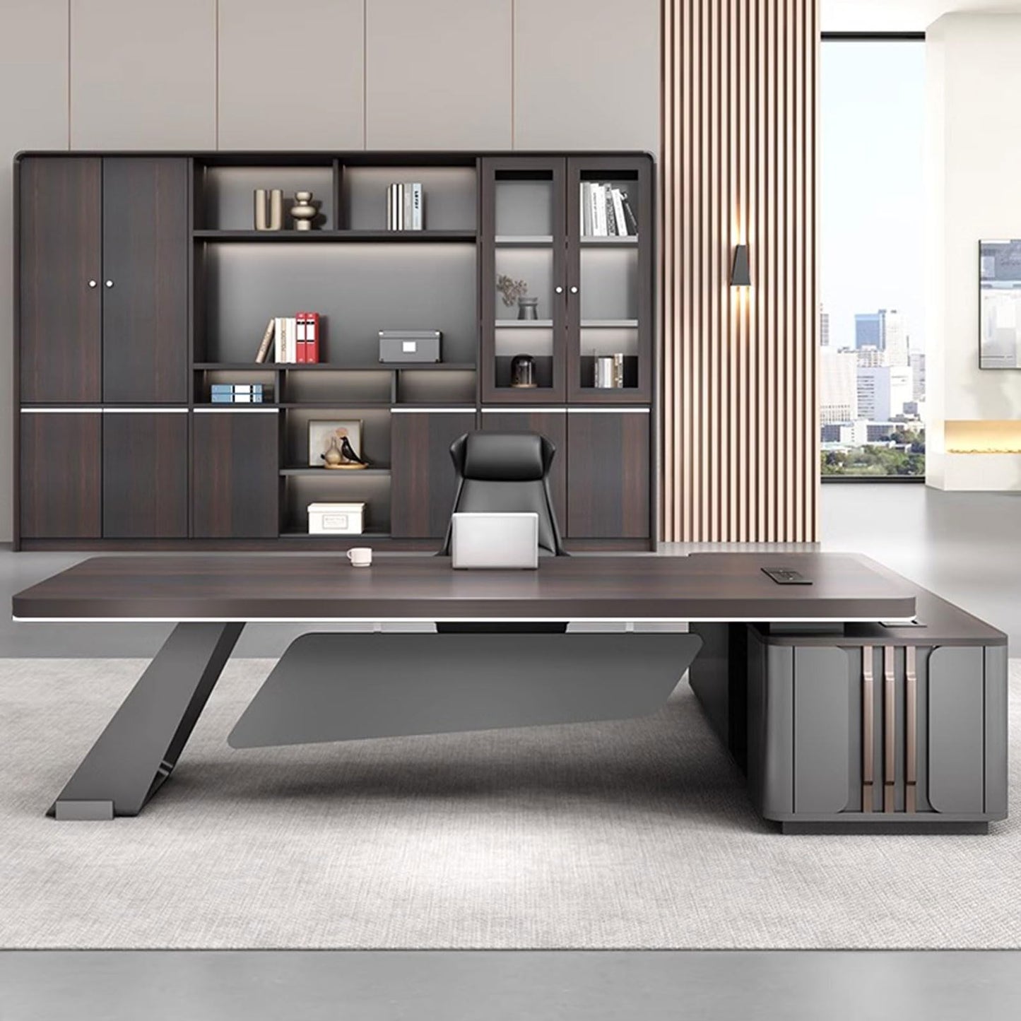 LSIGHTUS 102" Minimalist Style Large Modern Executive Office Desk, Wood Computer Desk with File Drawers Writing Study Table Business Furniture Set for CEO Boss, Business