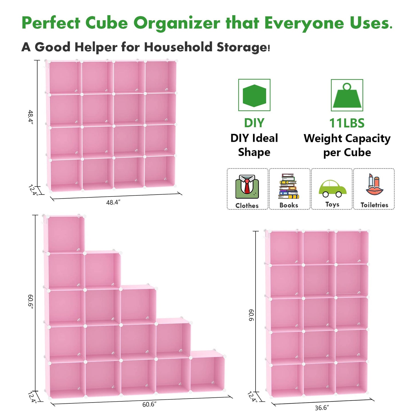 C&AHOME Cube Storage Organizer, 16-Cube Shelves Units, Plastic Storage Cubes, DIY Closet Organizer, Modular Closet Storage Shelves Ideal for Home, Bedroom, 48.4" L × 12.4" W × 48.4" H Pink UPCS16P