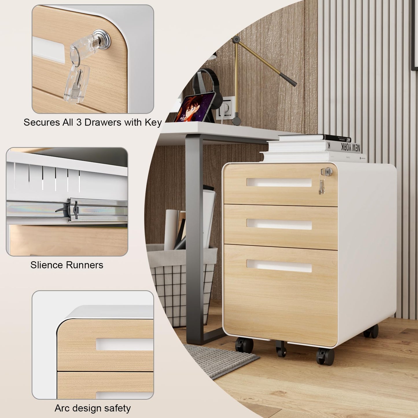 GarveeHome 3 Drawer Mobile File Cabinet with Lock, Under Desk Metal Filing Cabinet for Home Office, Under Desk Storage with 5 Wheels for A4/Letter/Legal Size, Fully Assembled