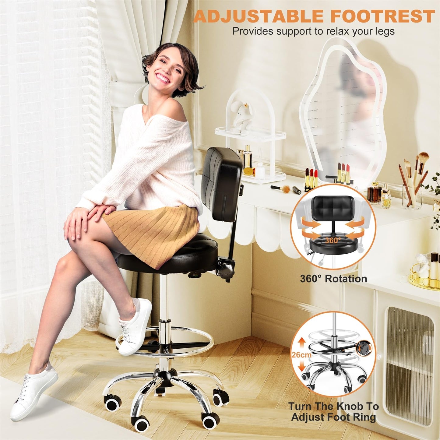YJHome Rolling Stool, Rolling Stools with Wheels Foot Rest, Backrest Adjustable Height, Heavy Duty 400lbs Weight Capacity, Salon Spa Tattoo Massage Office Swivel Stool Chair (Black)