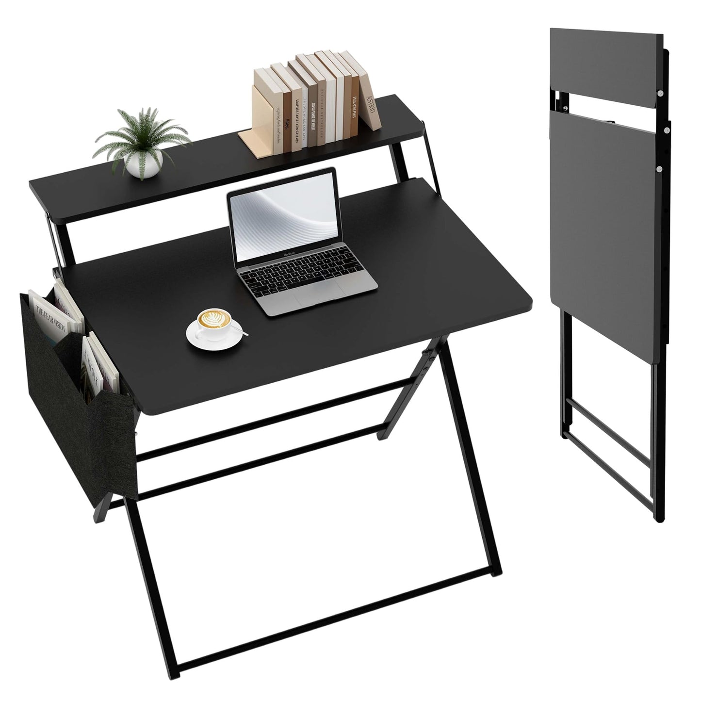 Small Desk No Assembly,31.5Inch 2-Tier Compact Computer Desk with Shelf & Side Pocket,Space Saving Foldable Table for Home Office, Bedroom or Apartment,Portable Collapsible Sturdy Laptop Desk,Black