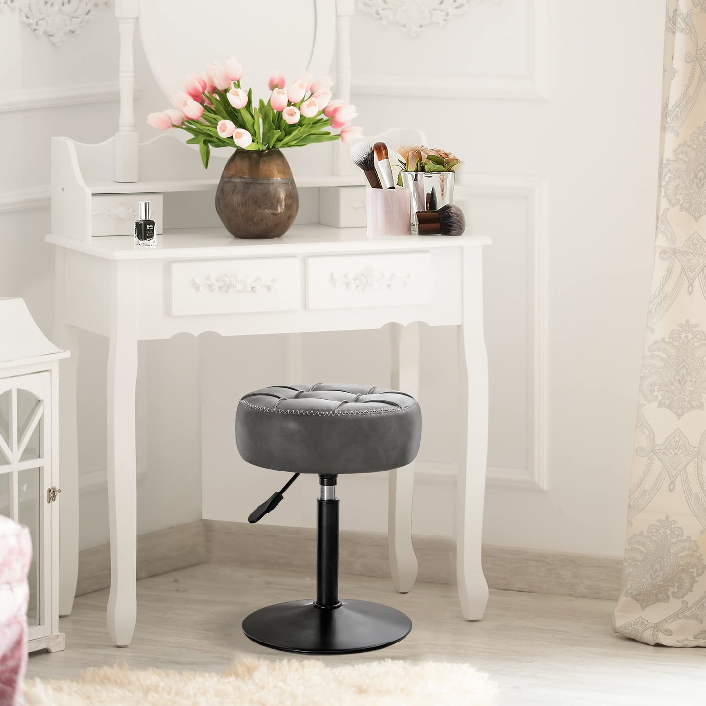 LUE BONA Height Adjustable Vanity Stool 15.8"-20.7", 360° Swivel Gray Faux Leather Chair, 300lb Capacity for Makeup Room, Bathroom