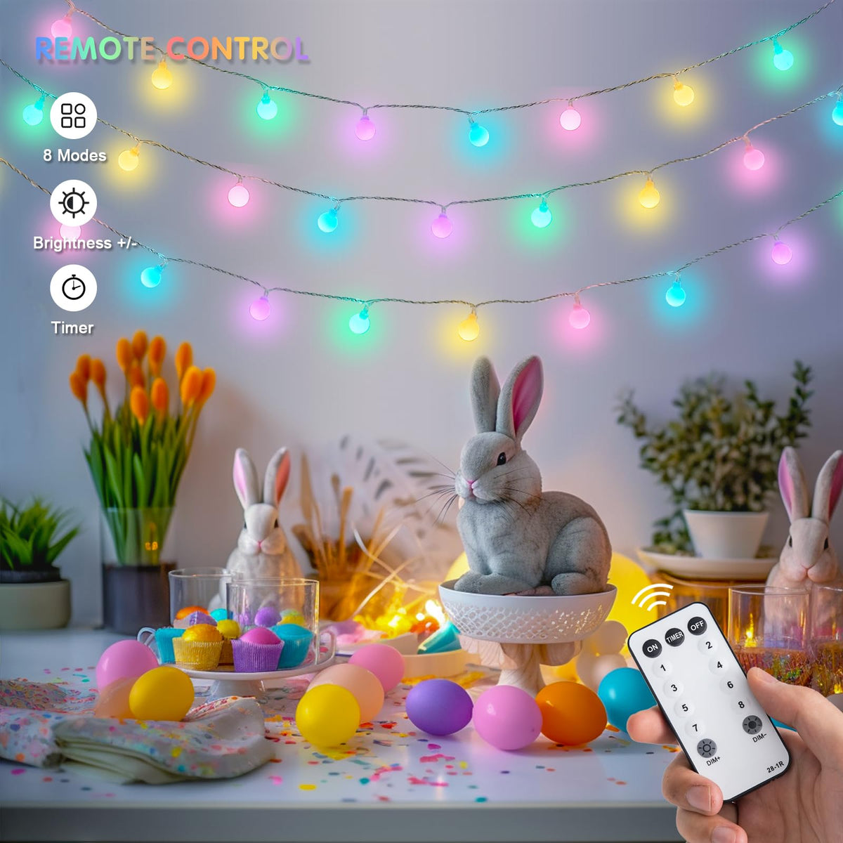JMEXSUSS 100 LED Connectable Easter Lights String Indoor, 33 ft Globe String Lights Plug in with Remote, 8 Modes Timer Pastel Christmas Light Outdoor for Bedroom Tree Room Party Easter Decoration