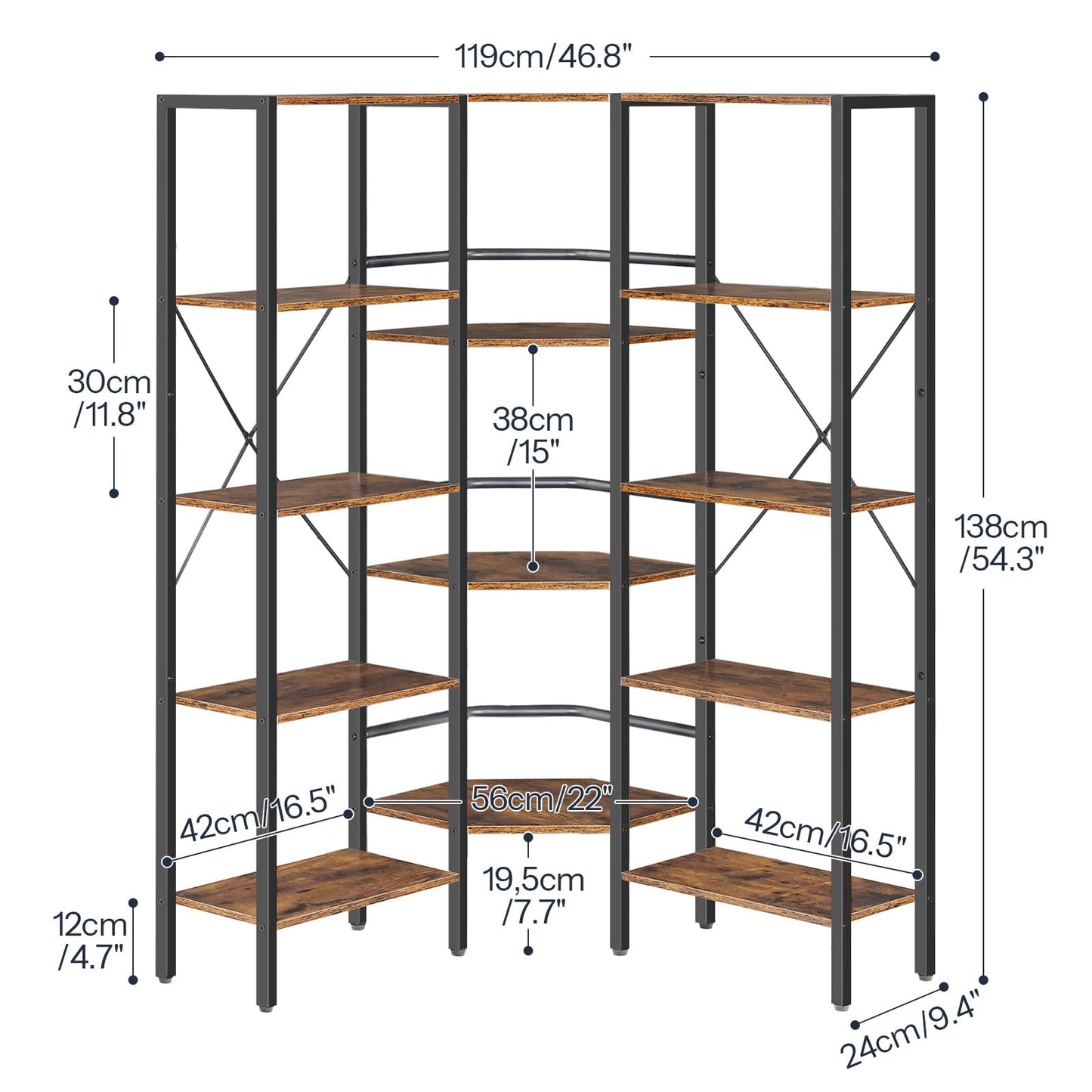HOOBRO Industrial Corner Bookshelf, 5-Tier L-Shaped Bookcase, Open Display Storage Rack, Floor Standing Storage Shelf, for Living Room, Bedroom, Home Office, Rustic Brown and Black BF68SJ01