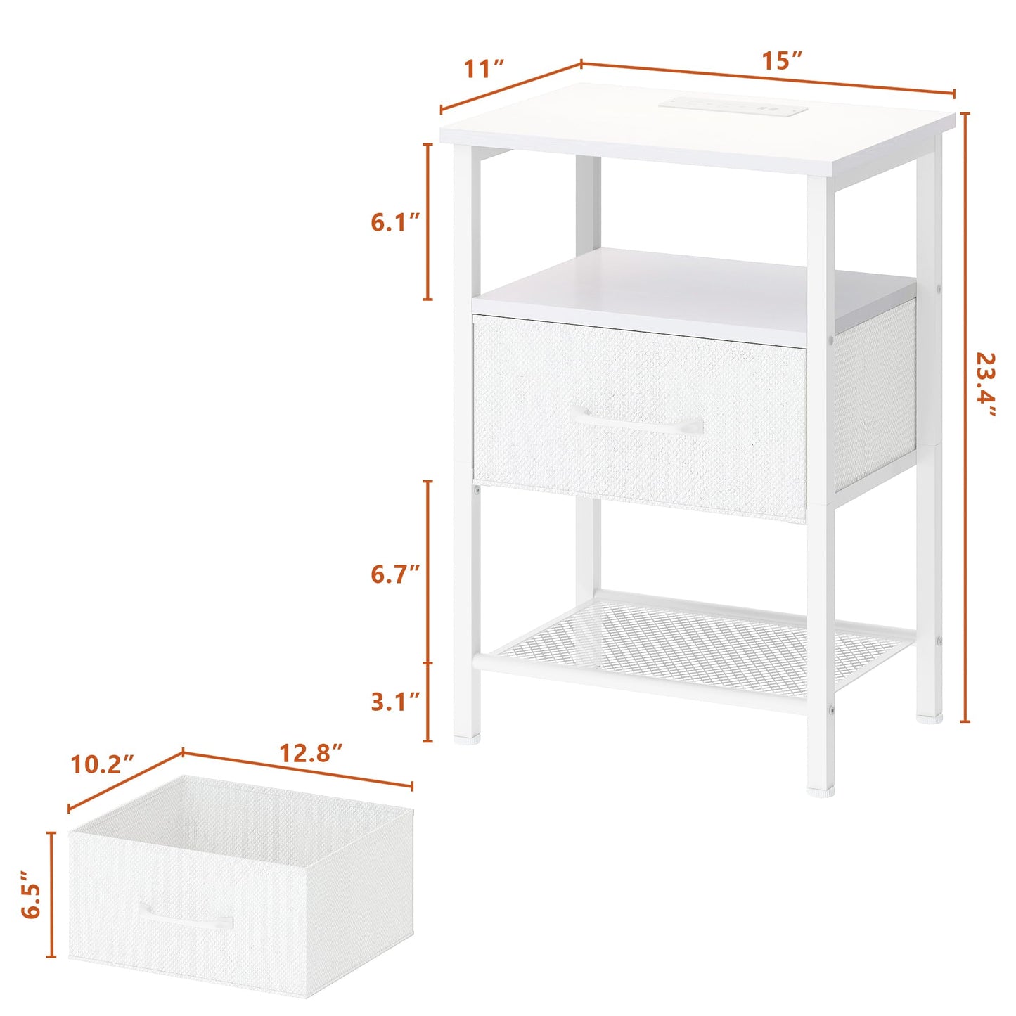 TRIFEBLE Night Stand Set 2, End Table with Charging Station, LED Bedside Table with Fabric Drawer for Bedroom, 3-Tier Side Table with Open Shelf, White