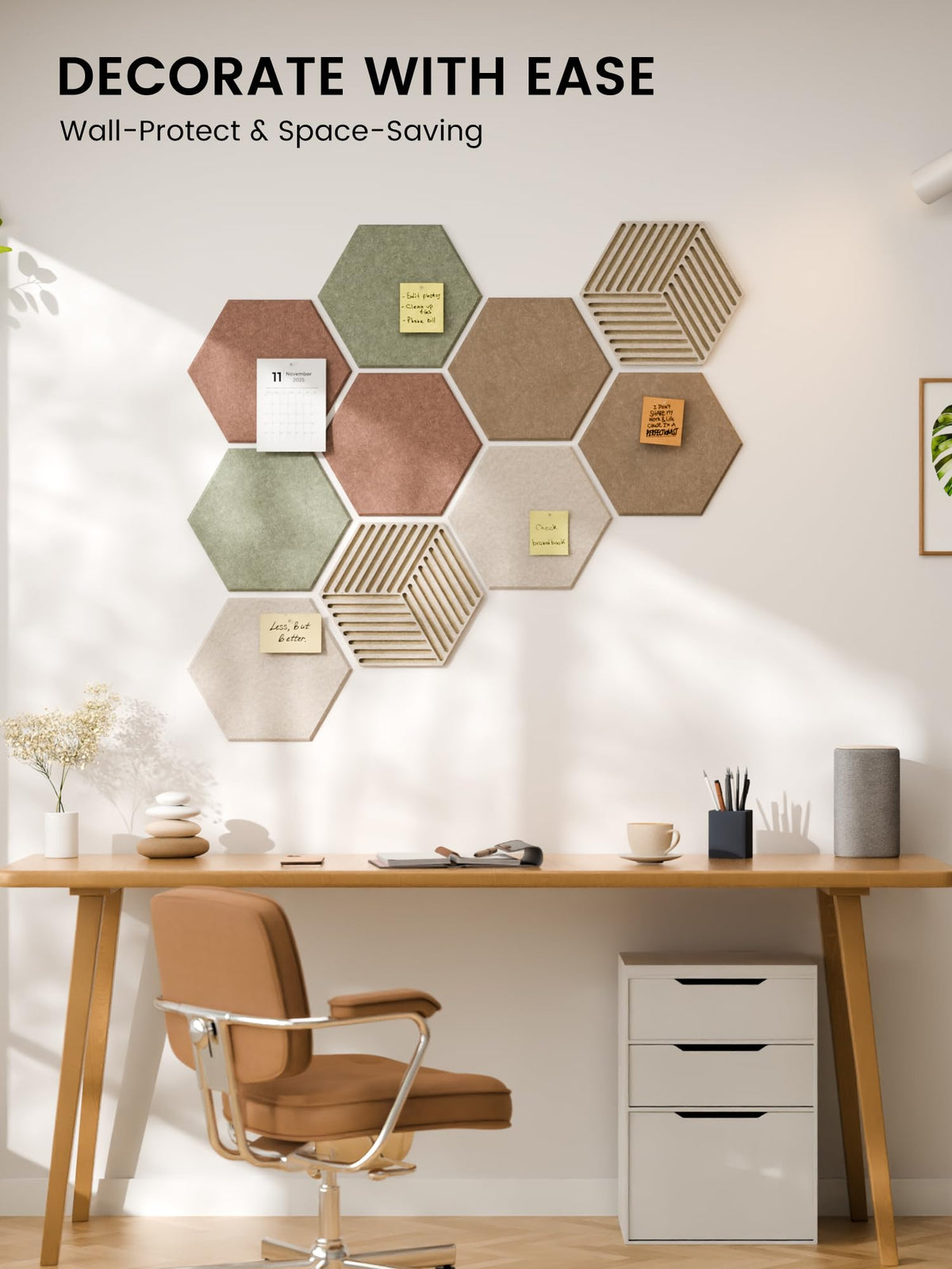 Fluxynara Hexagon Cork Board Alternative for Walls Decor-10-Pack Felt Bulletin Board Tiles,with 30 Pushpins,50 Adhesive Tabs for Office,Classrooms & Home Pin Board Felt Board-Boho