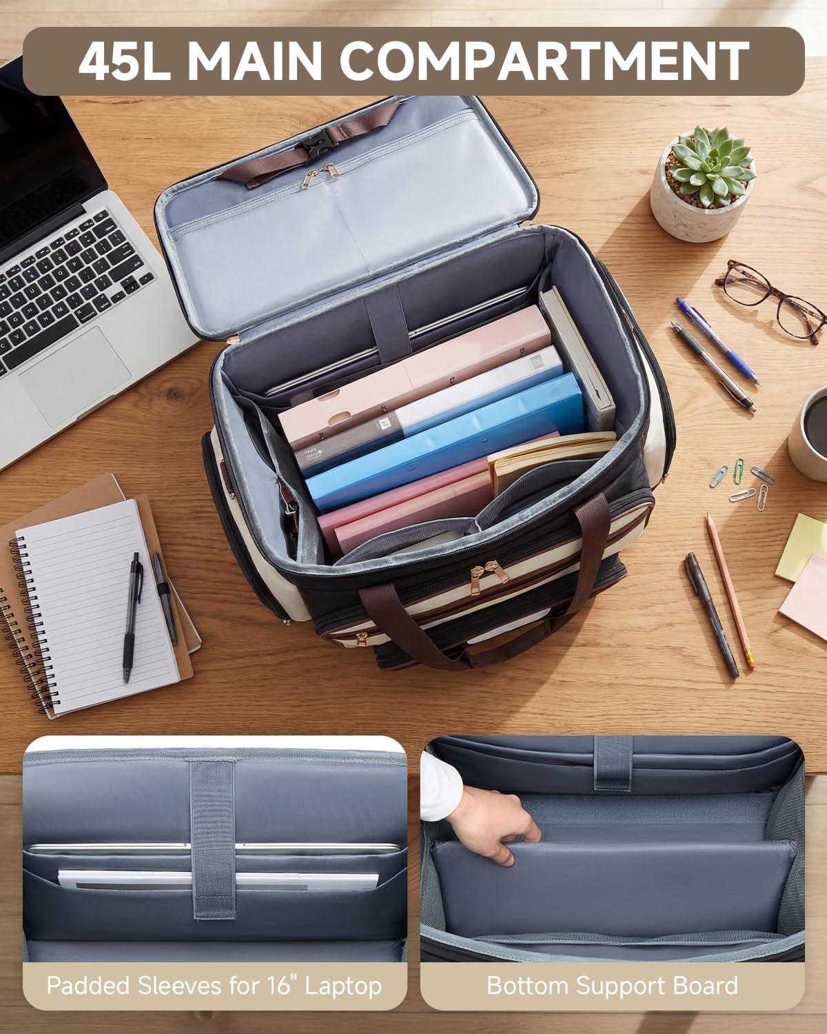 Amythe Rolling Teacher Tote Bag with Accordion File Organizer, 5-Wheel 15.6" Laptop Briefcase with Lunch Box, Wheeled Work Bag for Business, Office, Craft-Black