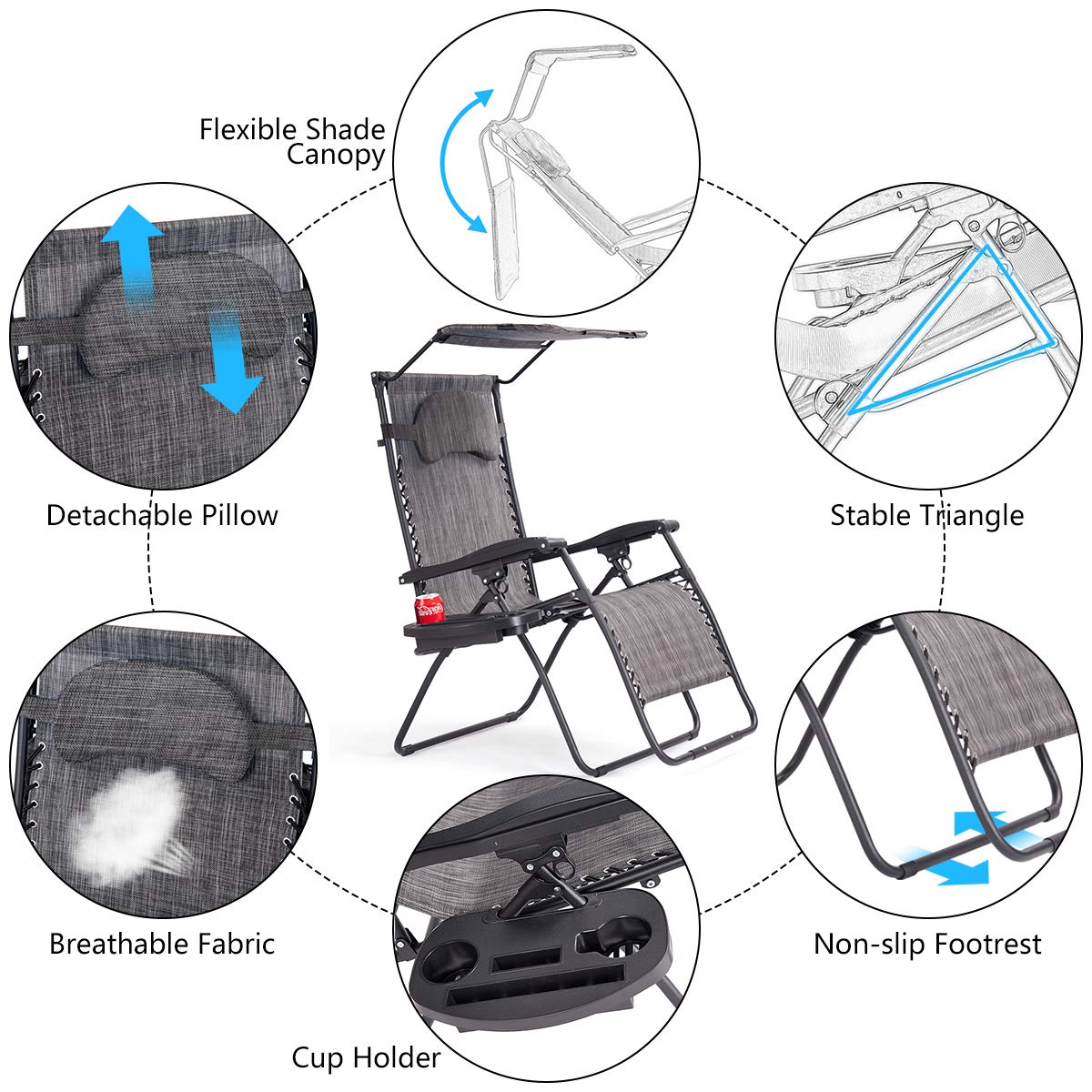 Nightcore Folding Zero Gravity Lounge Chair, Outdoor Lawn Chair with Adjustable Canopy Shade, Pillow and Cupholder Tray, Reclining Patio Chair for Poolside Backyard and Beach (Grey)