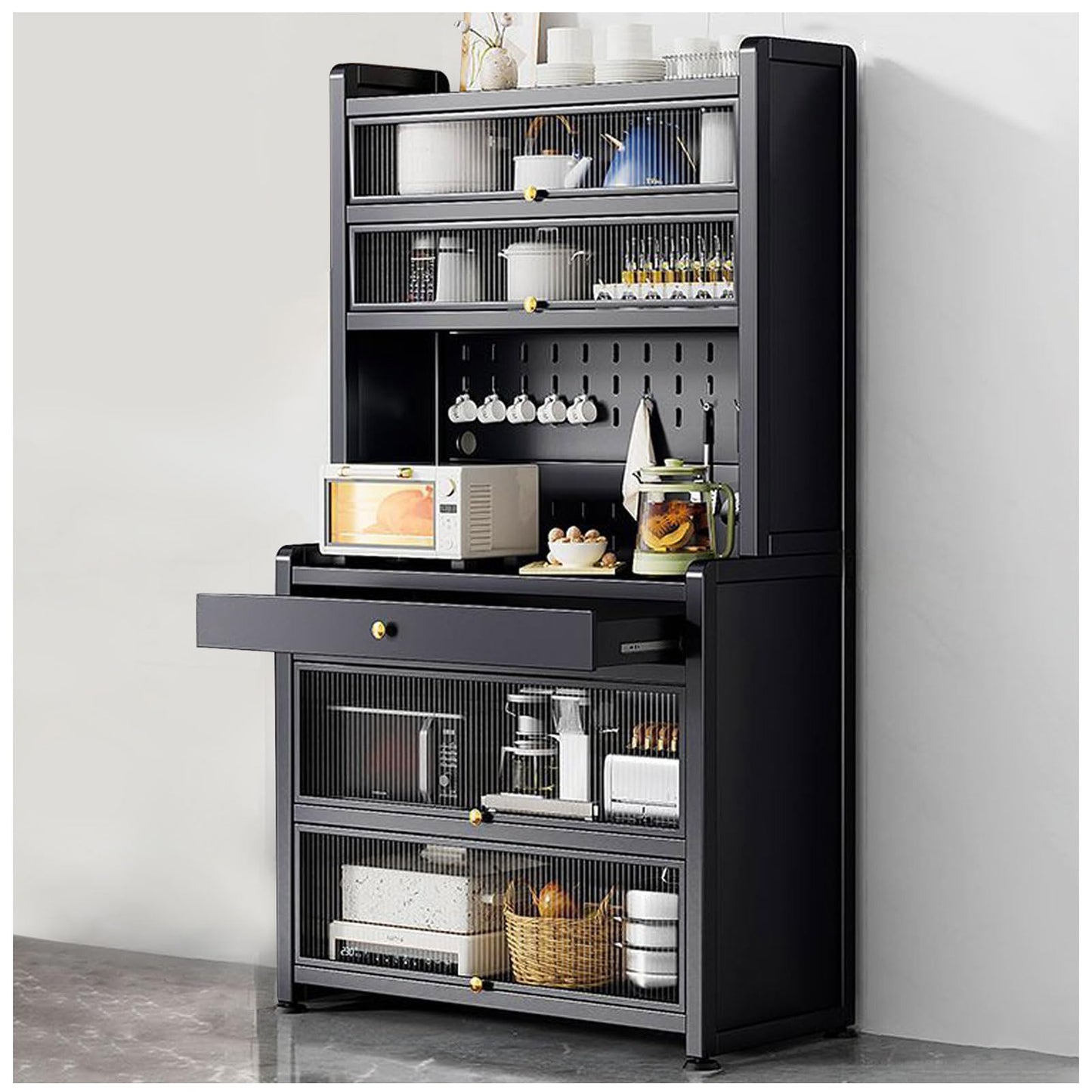 Freestanding Multi-Layer Kitchen Floor Cupboard，Kitchen Pantry Storage Cabinet with Microwave Stand Drawer and Wheels Freestanding White Hutch Cupboard for Tall and Spacious Storage (39×68in