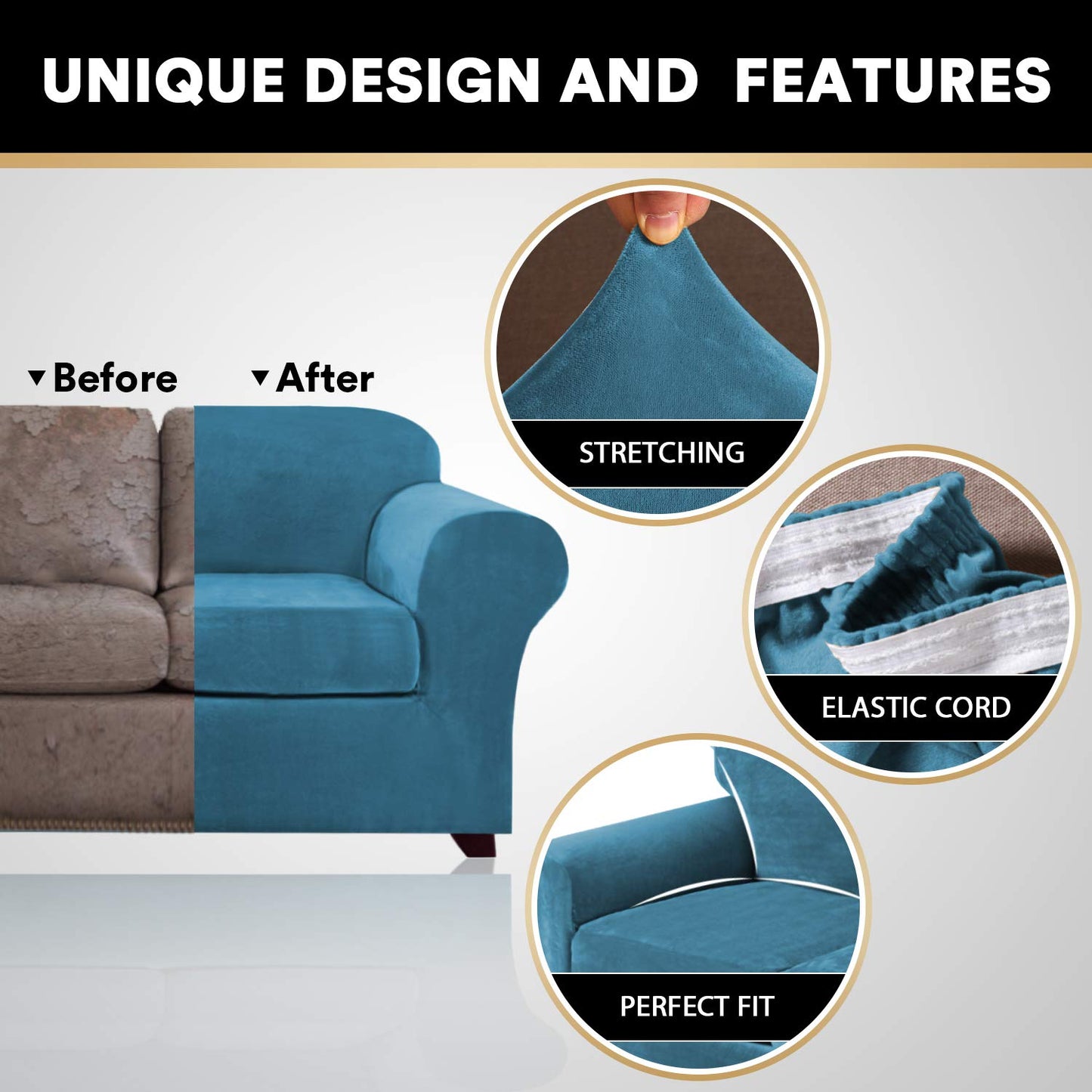 PrinceDeco Velvet Couch Cover Loveseat Covers for 2 Cushion Couch 3 Piece Sofa Covers for Dogs Washable Loveseat Covers Width Up to 72 Inch No Slip Stretch Sofa Slipcover(Medium, Blue)