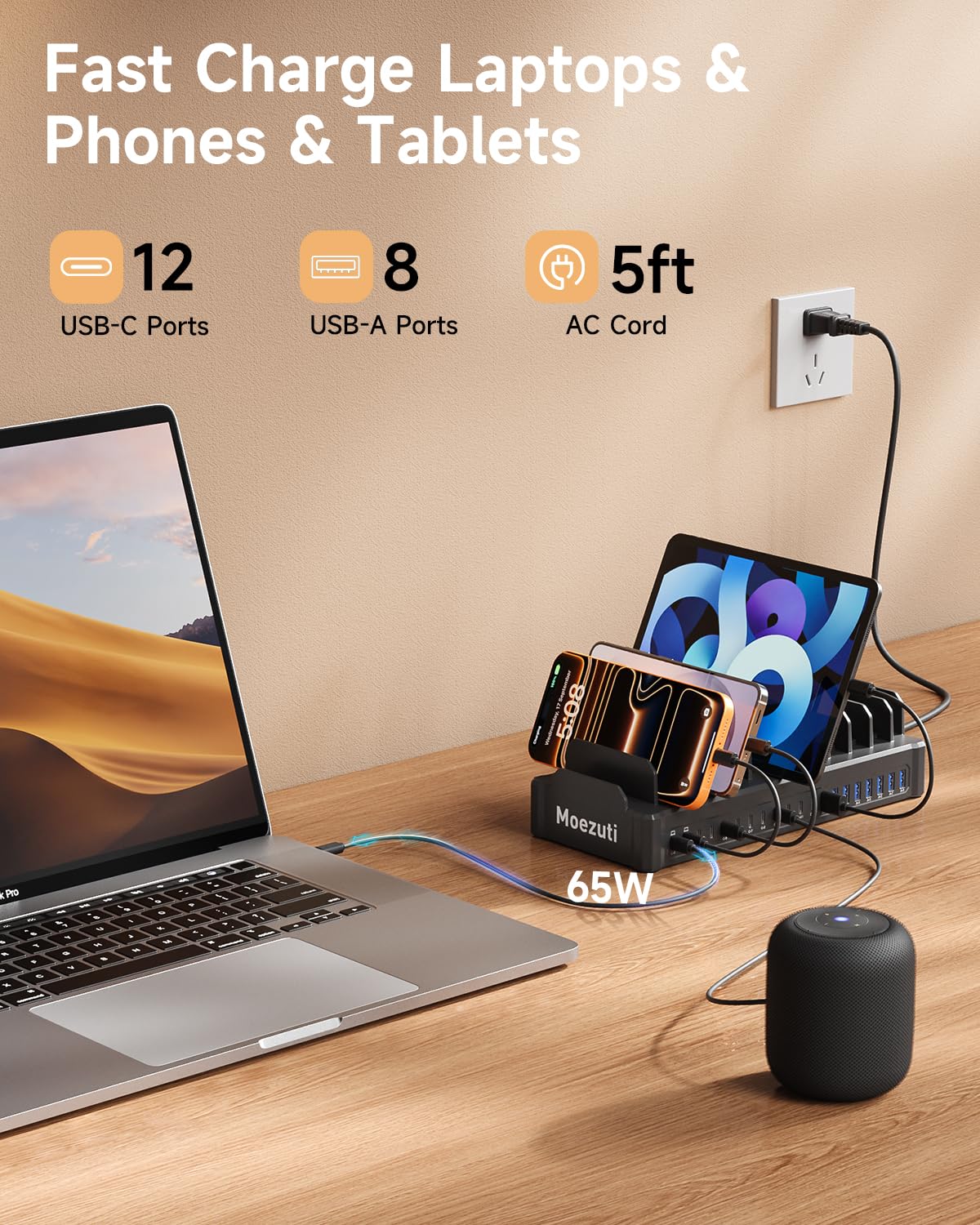 Moezuti 20-Port 600W Charging Station for Multiple Devices, Dual 65W GaN5 Multi-device Charging Dock with 10 Cables, Fast Charger Station for Laptop, Phone, Tablet (Black)