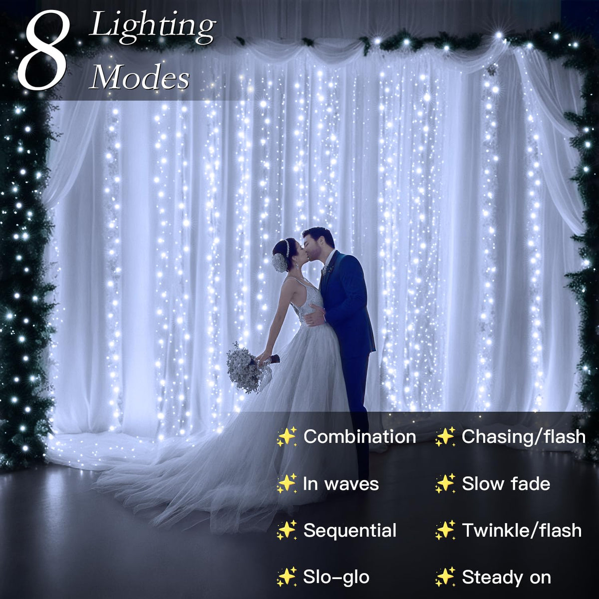 Soagrc 300 LED Cool White Curtain String Lights 9.8x9.8FT Plug in Fairy Lights with 9 Hooks Dimmable Timer & 8 Modes IP44 Waterproof Bedroom Office Wall Wedding Backdrop Christmas Indoor Outdoor Decor
