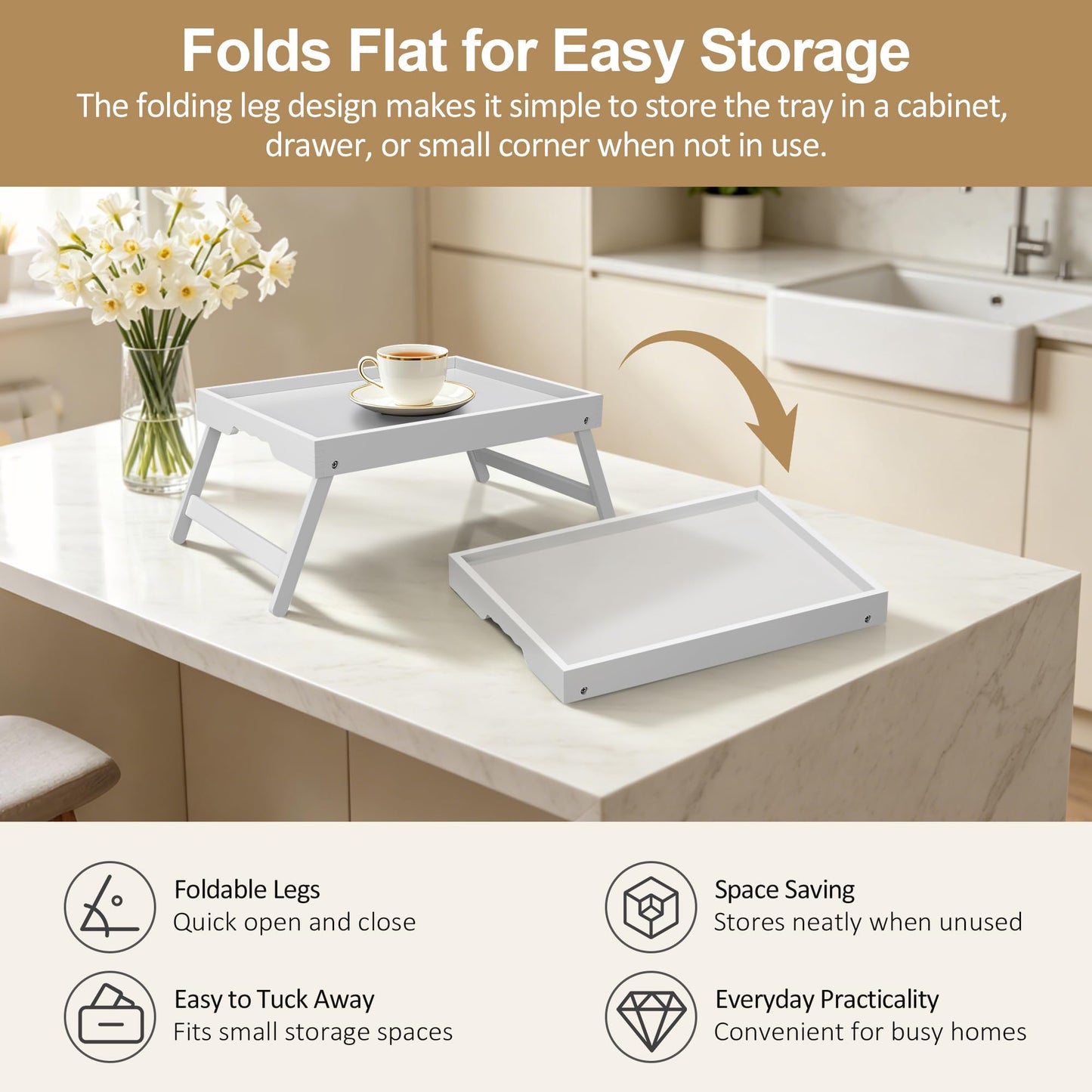 Breakfast Tray with Folding Legs Set of 2, Bamboo Bed Tray Table 15.7" Foldable TV Dinner Tray with Ergonomic Wave Handles for Bed Couch Sofa, Breakfast, Snacks, Coffee, White