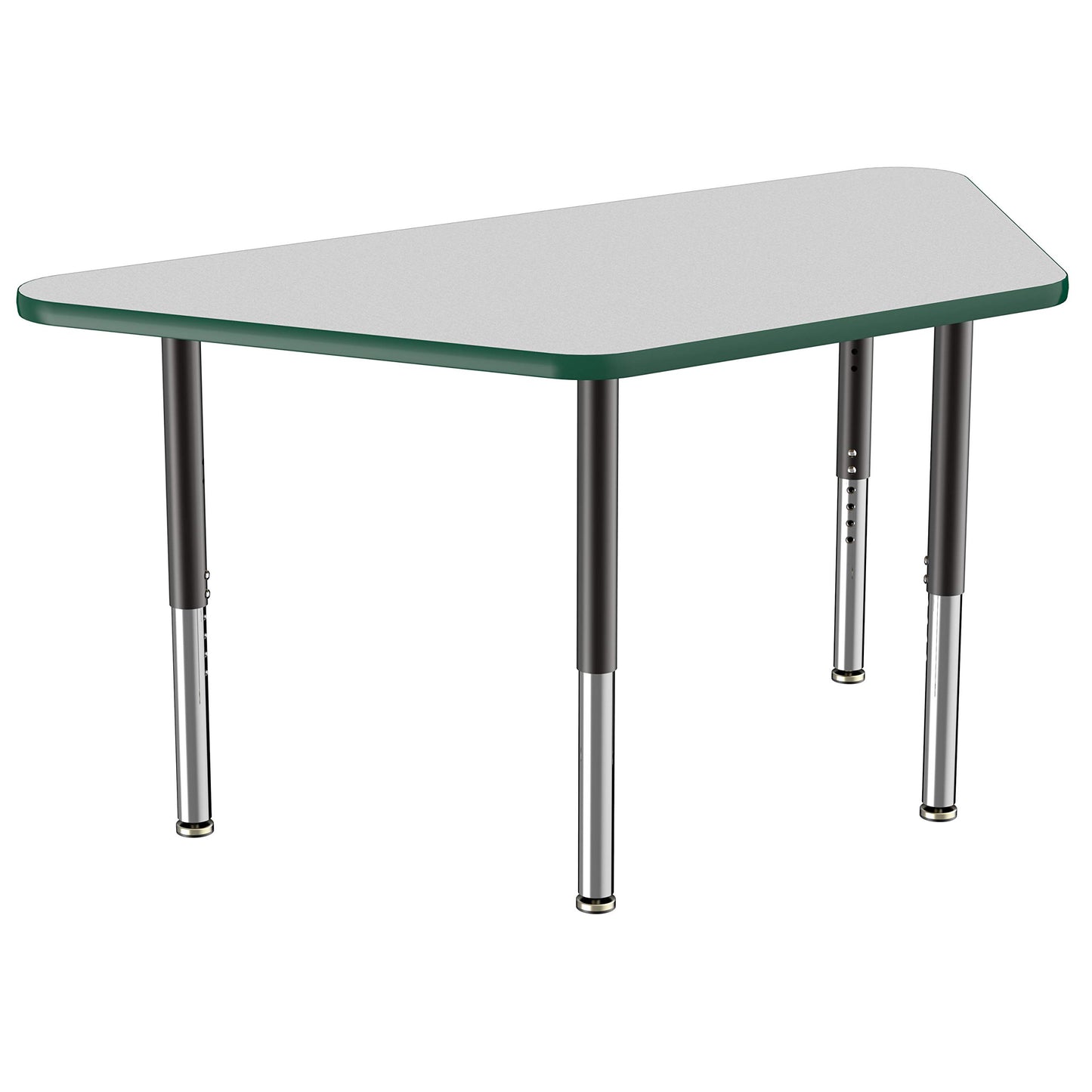 FDP Mobile Trapezoid Activity School and Office Table (30 x 60 inch), Super Legs with Glides and Casters for Collaborative Environments, Adjustable Height 19-30 inches - Gray Top and Green Edge
